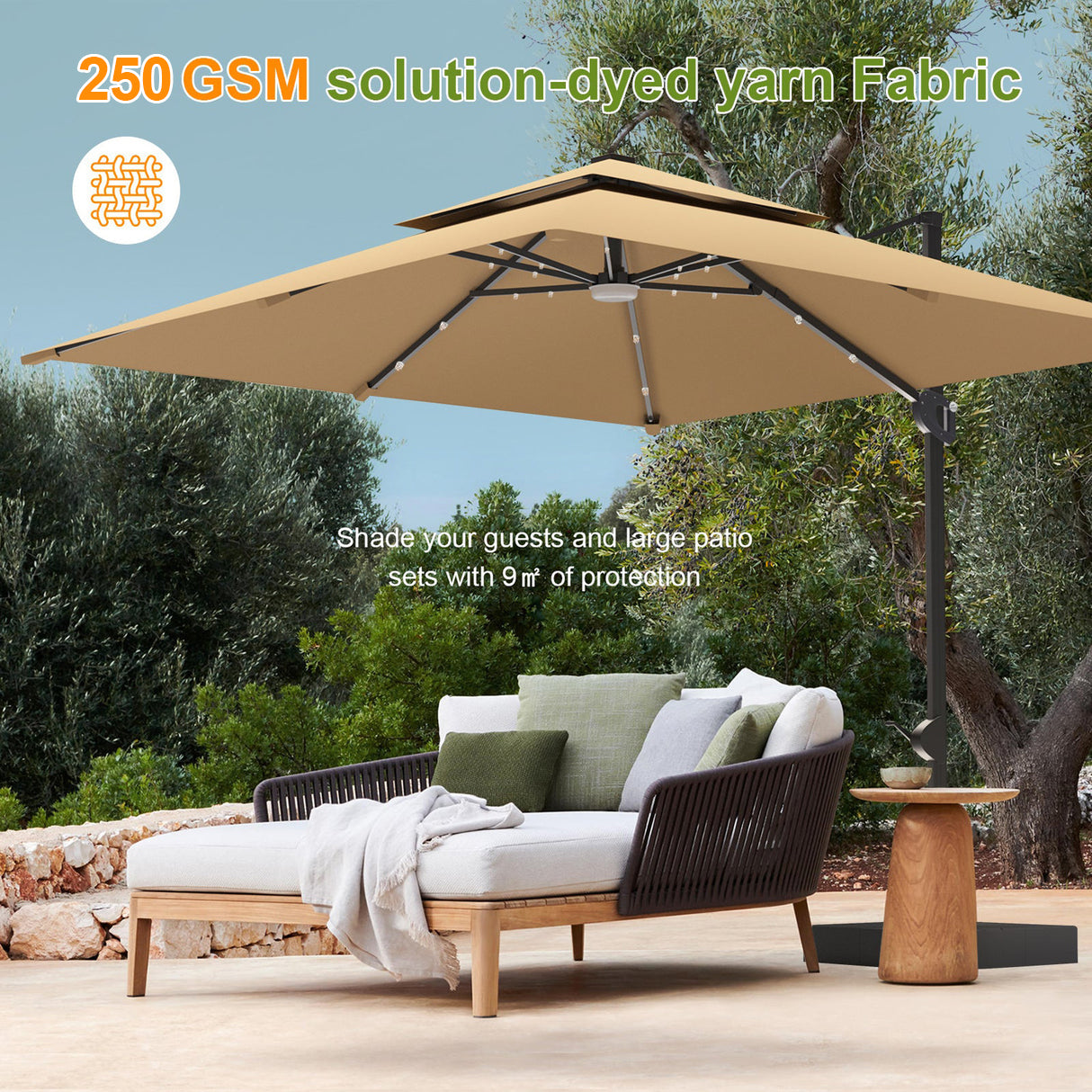 Patioslife Aegis Pro™,Cantilever Parasol,LED Lights,Reinforced Aluminium Ribs,Powder-Coated Aluminium Pole,Garden Umbrella,Patio Shade,Outdoor Sunshade,Weatherproof,UV Protection,Adjustable Angle,Modern Outdoor Furniture,Contemporary Design,Luxury Patio Accessory,Premium Outdoor Living,250 gsm solution-dyed yarn fabric