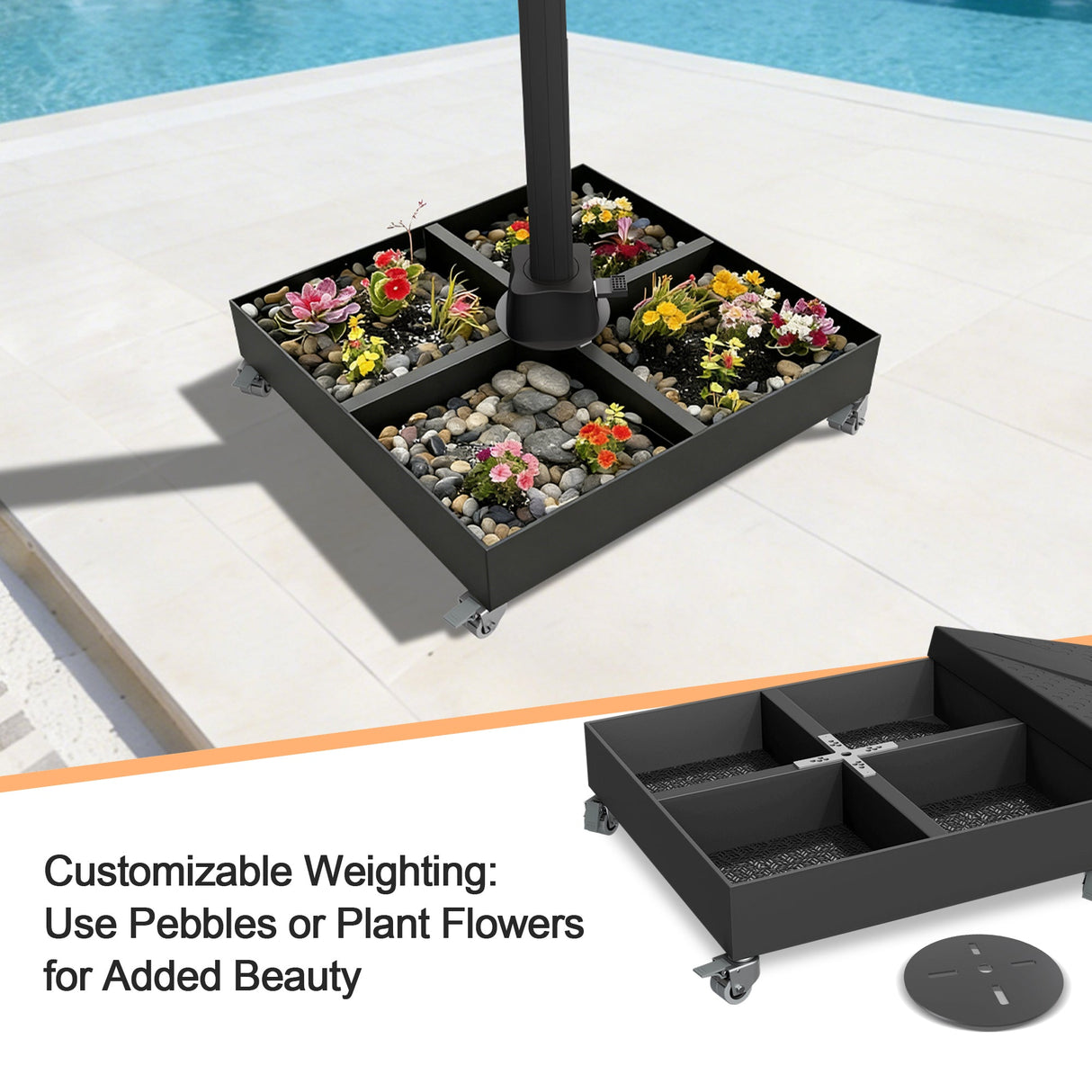 Rolling Cantilever Parasol Base with Lock, Supports Up to 400 kg, Decorative Modular Stand for Aegis Series and Most Offset Garden Parasols, Suitable for Patio, Garden and Poolside Use