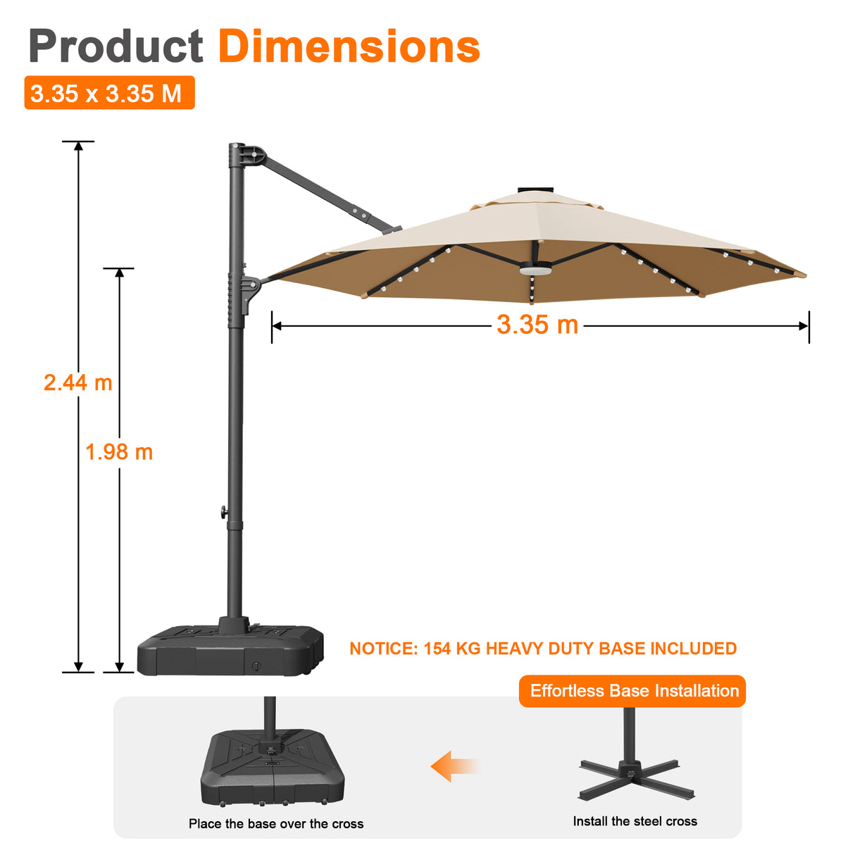 Patioslife Aegis Pro Round Cantilever Patio Umbrella with Solar LED Lights & Shade Protection