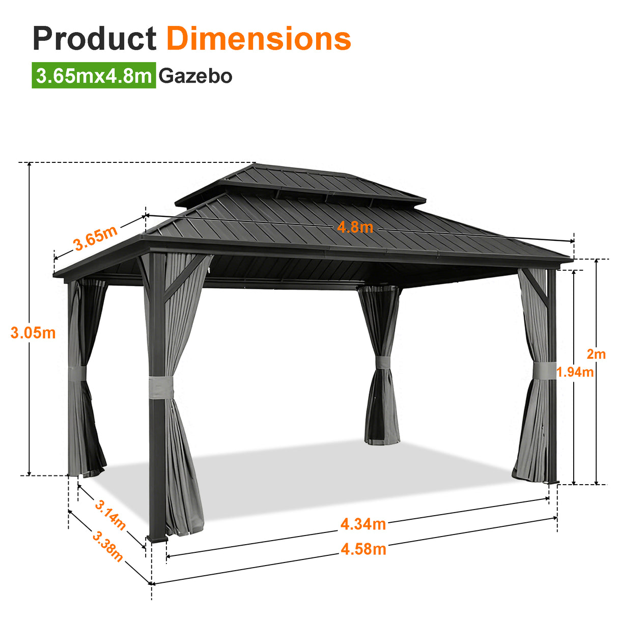 Patioslife Haven | 3.65 x 4.8m Grey Hardtop Gazebo, Heavy Duty Aluminum Frame, Double Vented Roof & Curtains for Patio & Garden