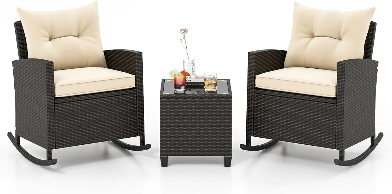 3-Piece Outdoor Wicker Rocking Chair Set – Patio Furniture with Soft Cushions & Glass Coffee Table – Rattan Bistro Set for Porch, Balcony, Garden, or Poolside