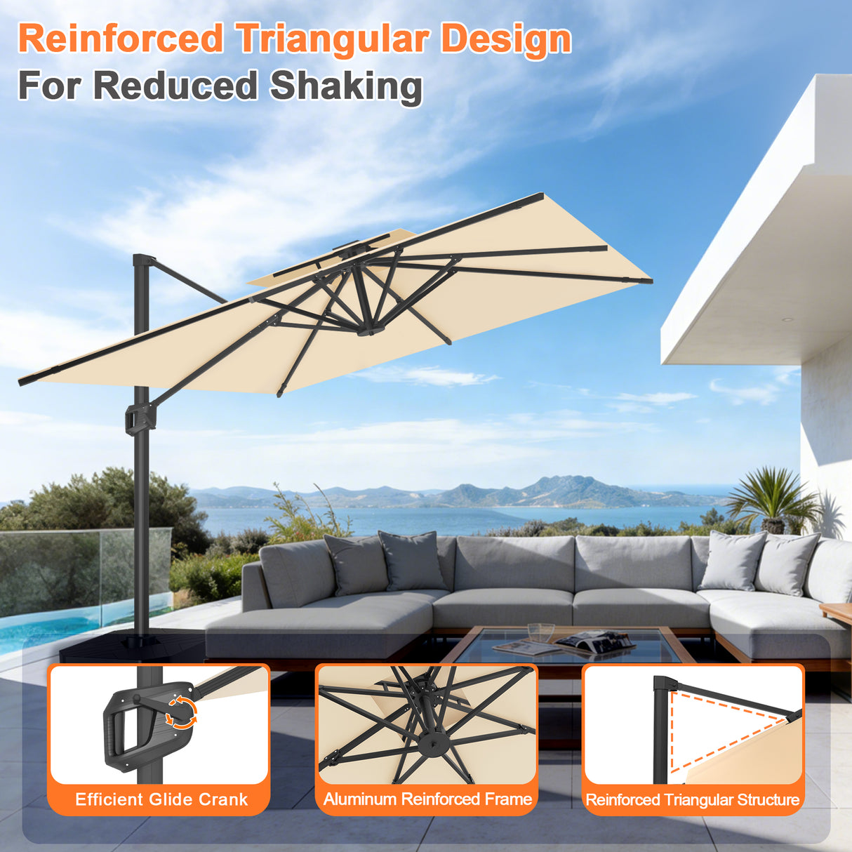 Patioslife Aegis Pro All-weather Cantilever Parasol , Reinforced & Powder-Coated Aluminium Ribs and Pole — Perfect for Garden & Patio