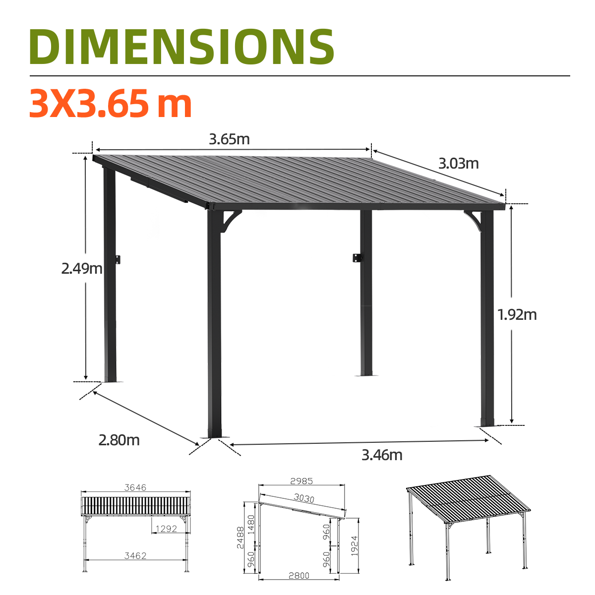 Patioslife Haven 3x3.65m wall-mounted hardtop gazebo dimension guide with heavy duty roof and support frame