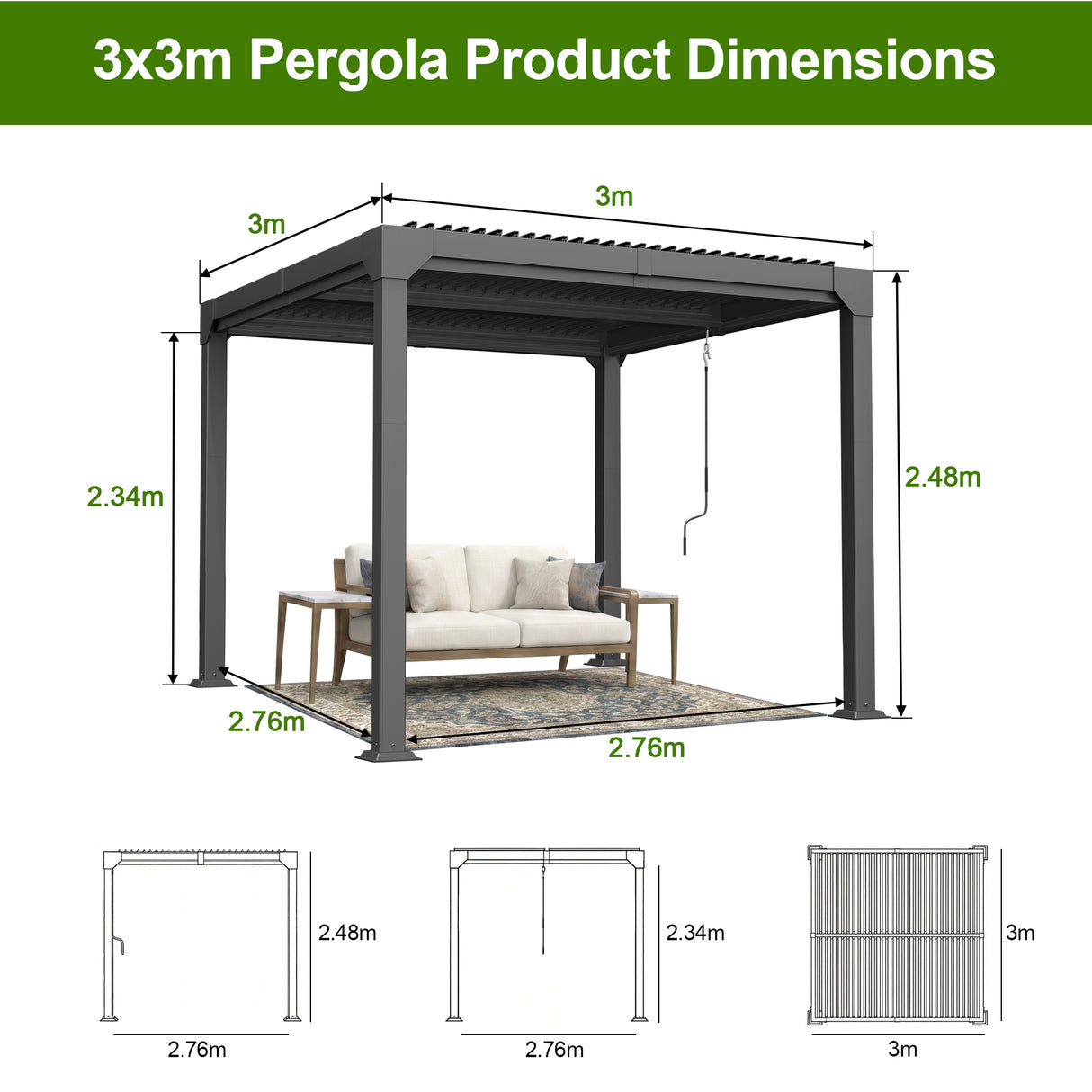 Patioslife Atlantic 3x3m Premium Louvered Pergola with Adjustable Roof Panels, Integrated Gutter System & Freestanding All-Weather Outdoor Shelter for Patio, Deck & Poolside