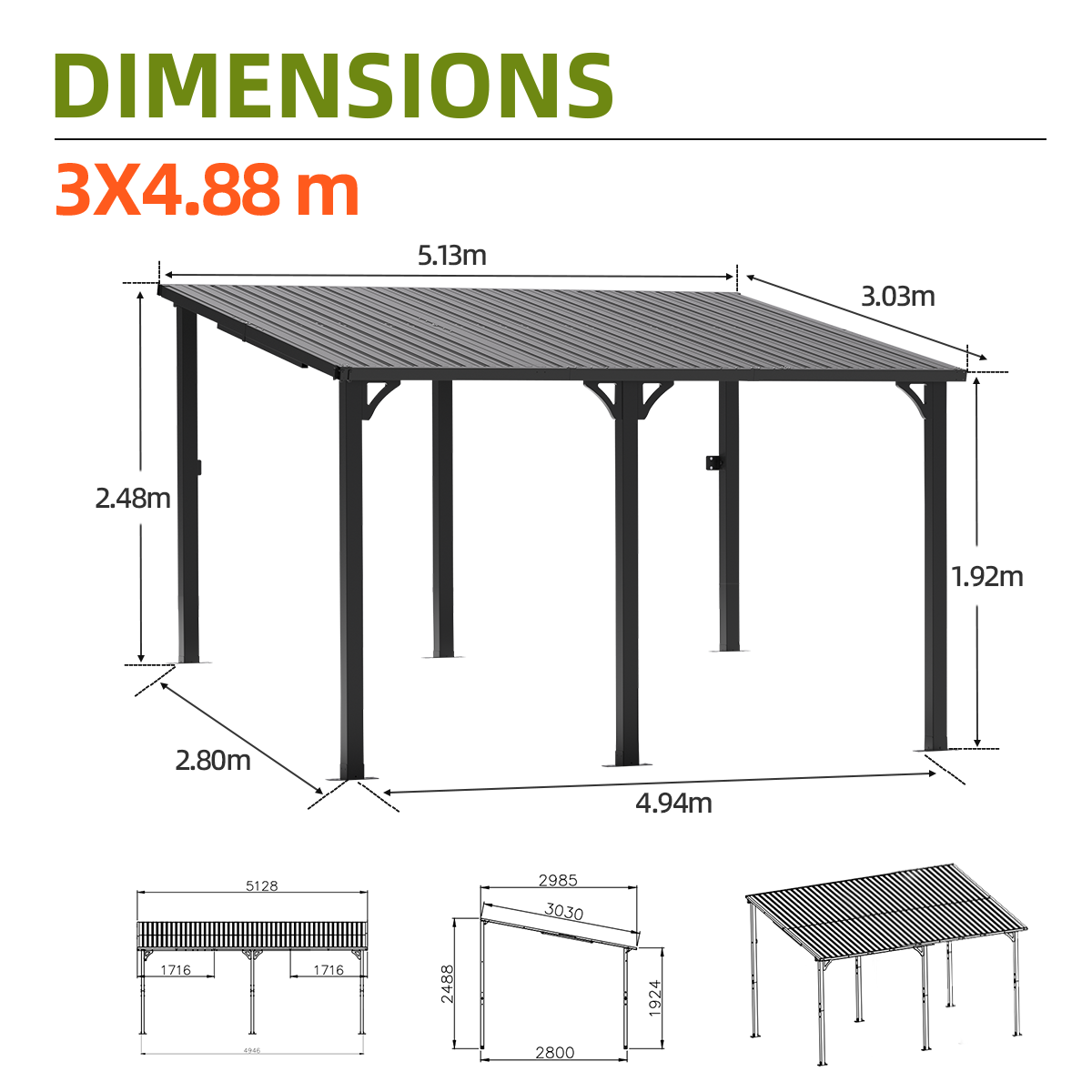 Patioslife Haven 3x4.88m wall-mounted hardtop gazebo dimension guide with large hardtop roof coverage