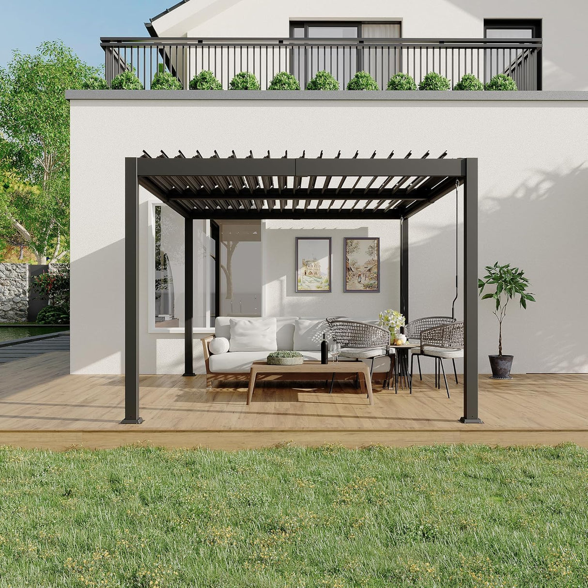 Patioslife Atlantic 3x4m louvered pergola with aluminium frame, adjustable roof and modern patio seating for garden, deck and outdoor shade