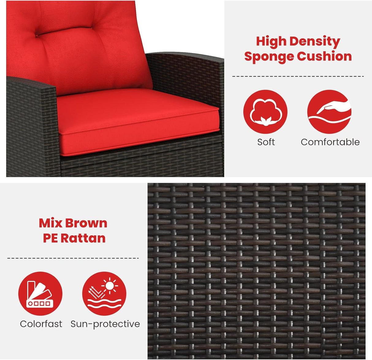 3-Piece Outdoor Wicker Rocking Chair Set – Patio Furniture with Soft Cushions & Glass Coffee Table – Rattan Bistro Set for Porch, Balcony, Garden, or Poolside