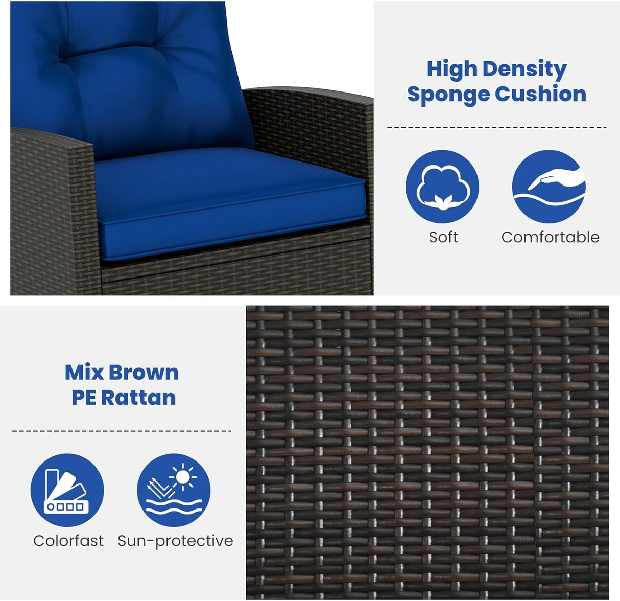 3-Piece Outdoor Wicker Rocking Chair Set – Patio Furniture with Soft Cushions & Glass Coffee Table – Rattan Bistro Set for Porch, Balcony, Garden, or Poolside