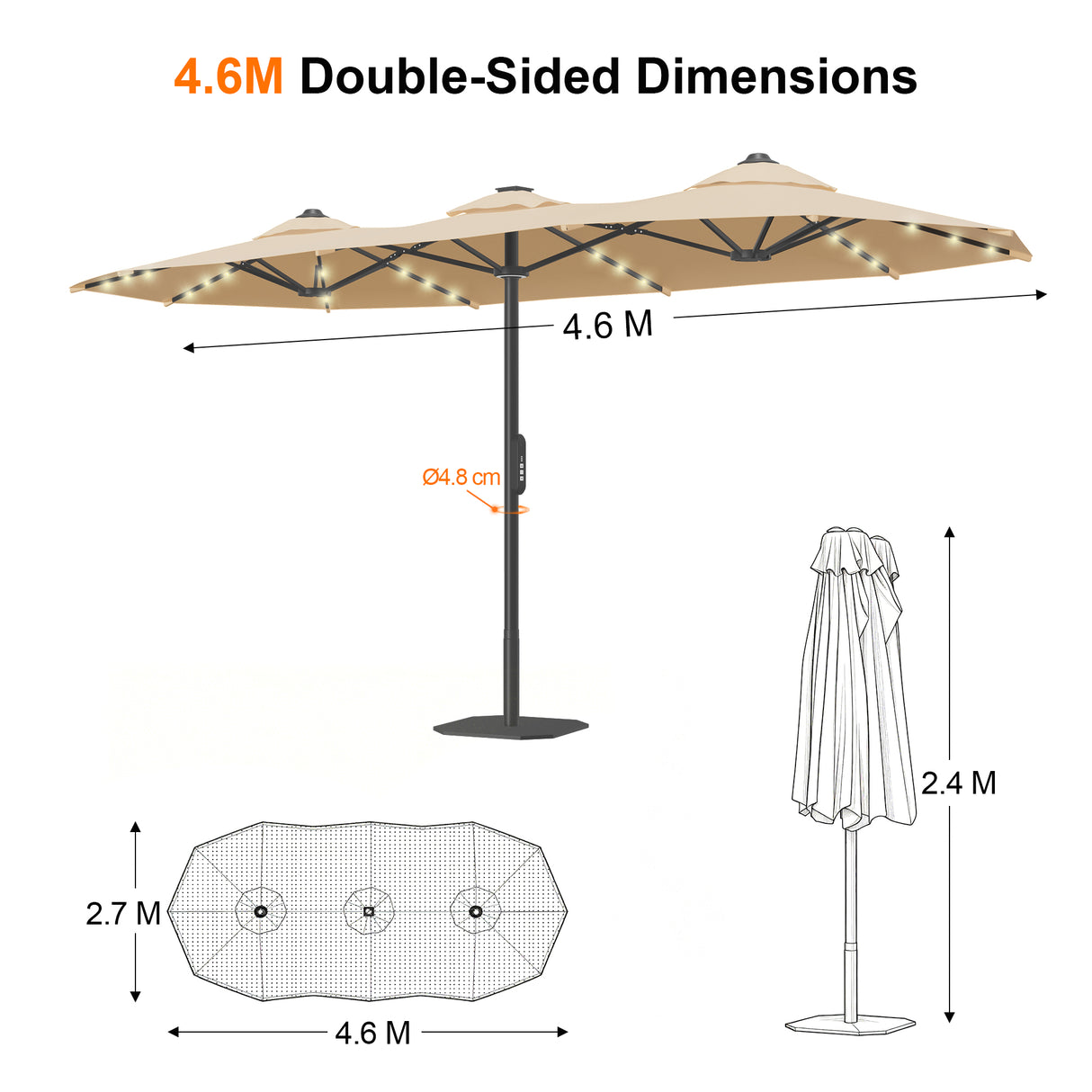 Patioslife Aegis Premium 4.6m double-sided patio umbrella dimension guide with 2.7m canopy width and 4.8cm pole