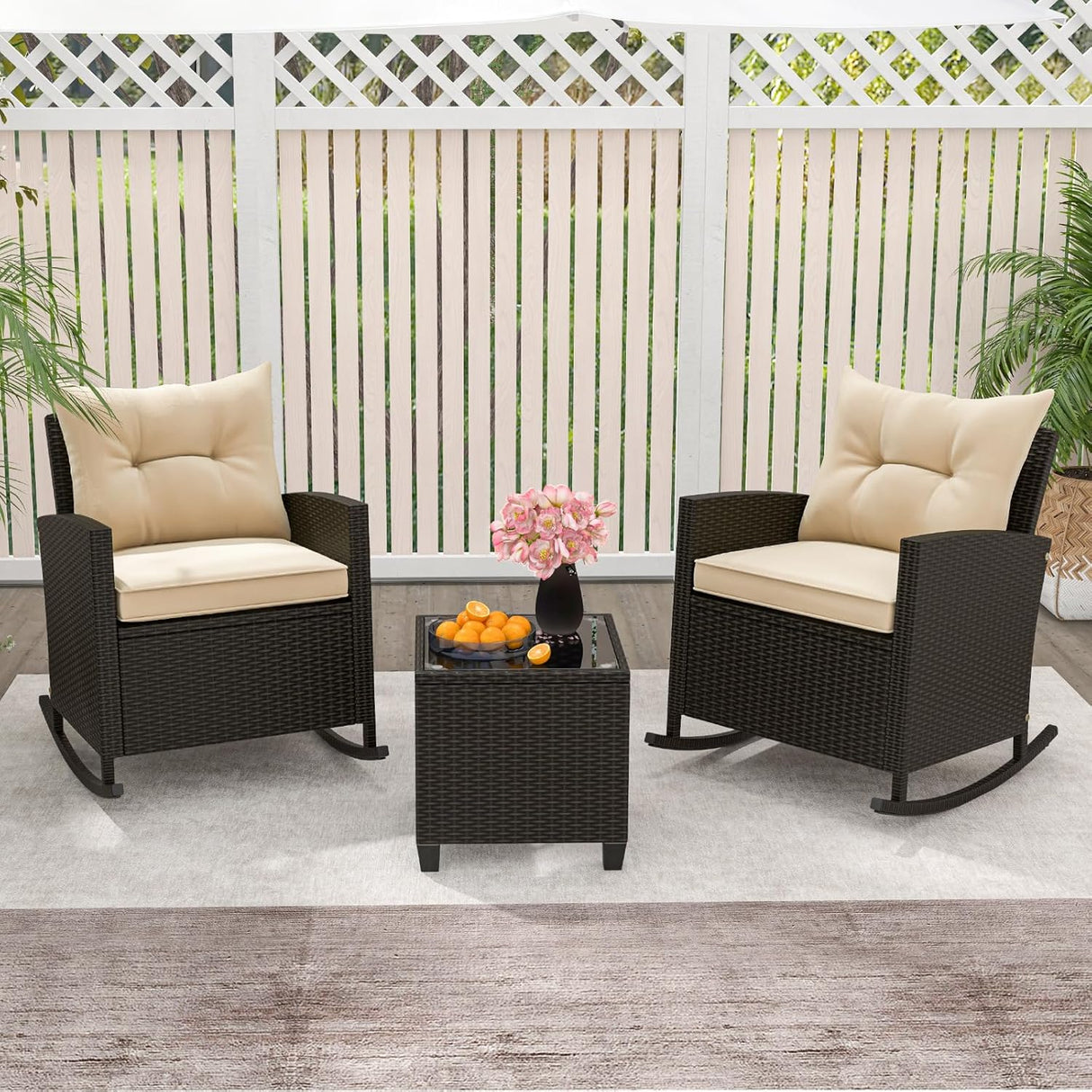 3-Piece Outdoor Wicker Rocking Chair Set – Patio Furniture with Soft Cushions & Glass Coffee Table – Rattan Bistro Set for Porch, Balcony, Garden, or Poolside