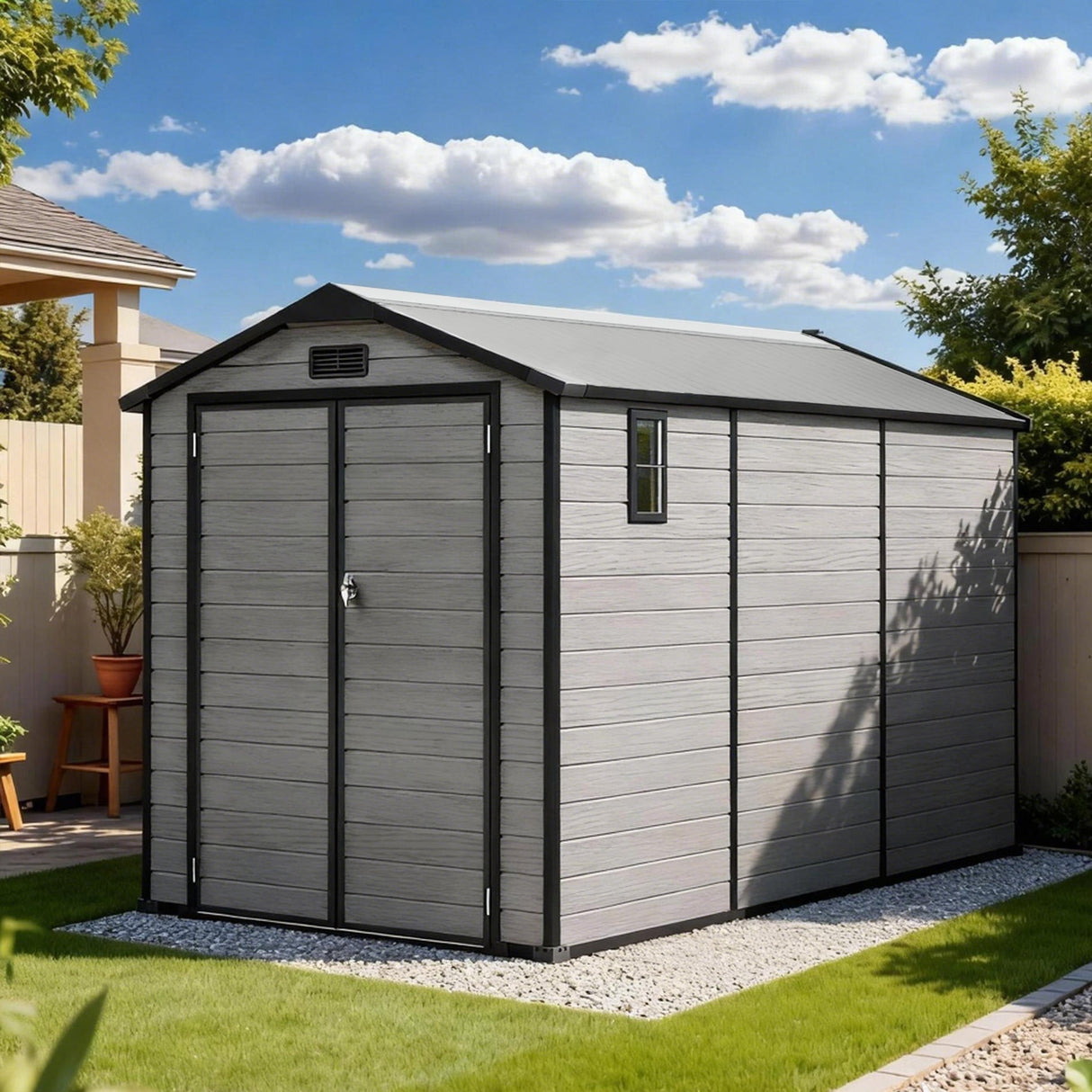 Outdoor Storage Shed with Floor Patioslife YardVault , All-Weather Waterproof Plastic Garden Shed in Resin with Lock and Window for Backyard, Heavy-Duty Storage Shed for Tools, Bikes & Lawn Equipment