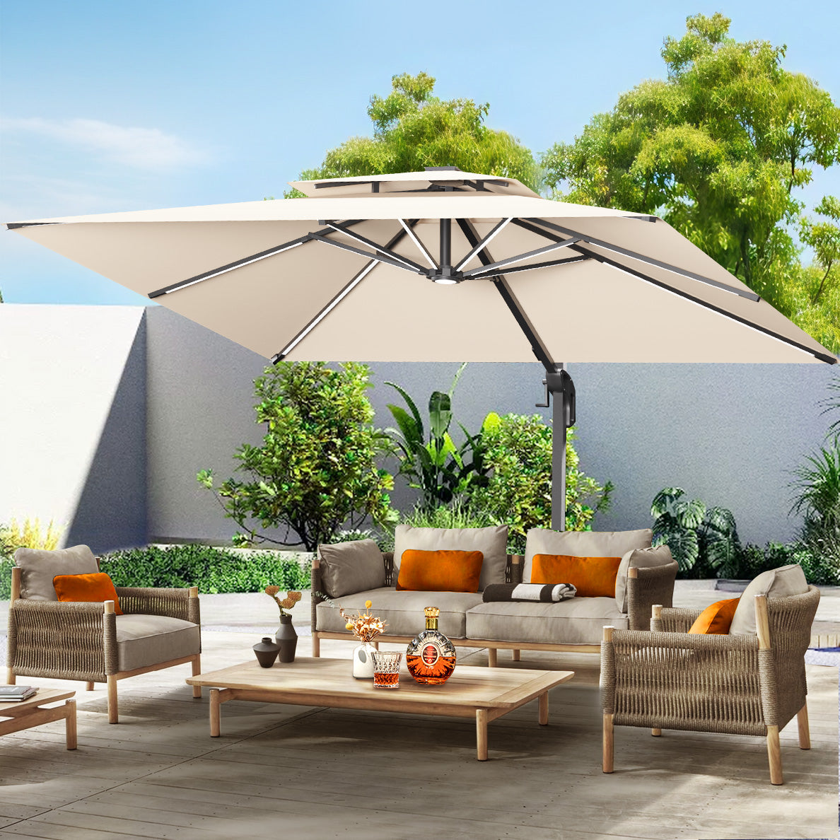 Patioslife Aegis Premium Cantilever Parasol with LED Strip Lights, Fibreglass Ribs & Powder-Coated Aluminium Pole — Luxury Garden & Patio Shade