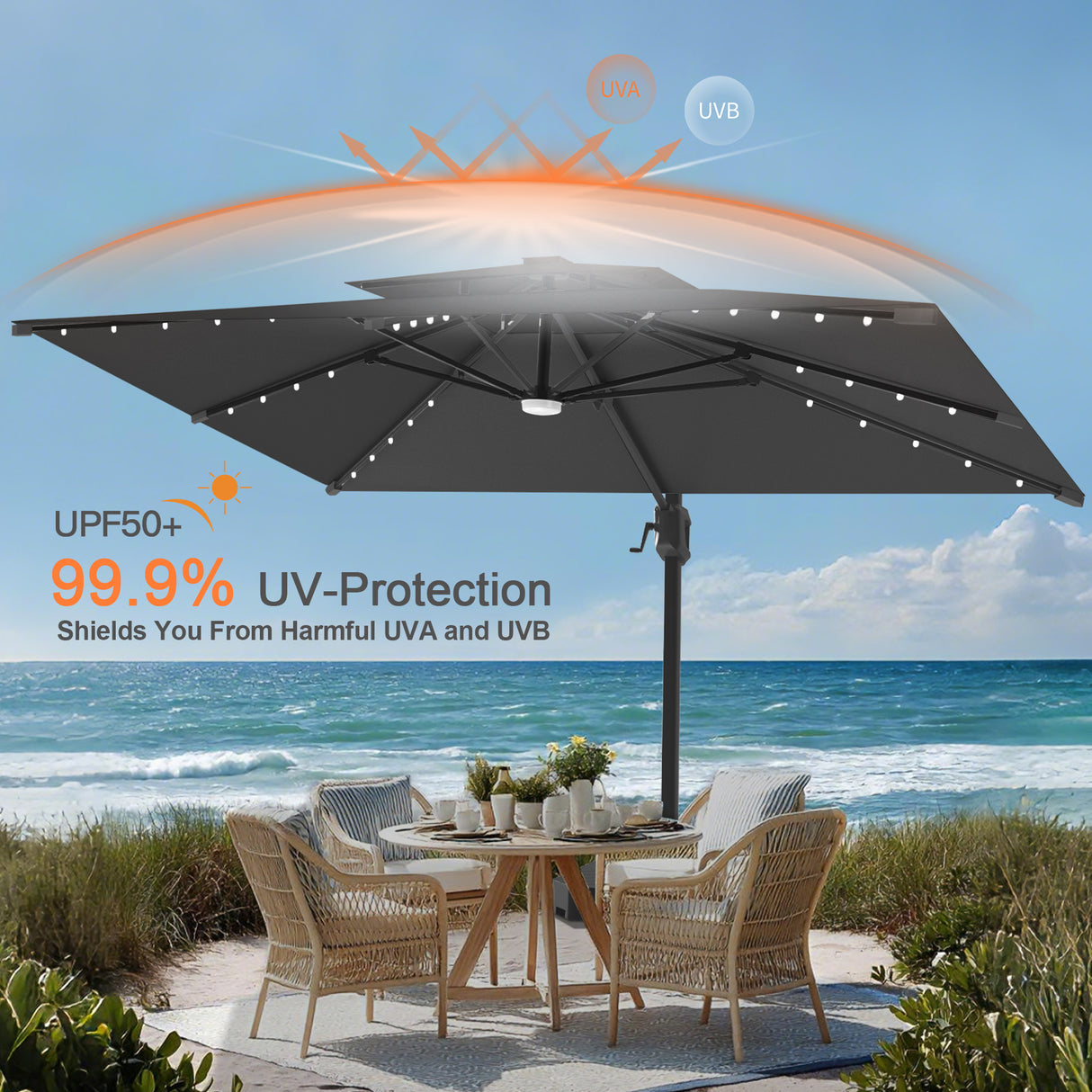 Patioslife Aegis Pro All-weather Cantilever Parasol with LED Lights, Reinforced & Powder-Coated Aluminium Ribs and Pole — Perfect for Garden & Patio