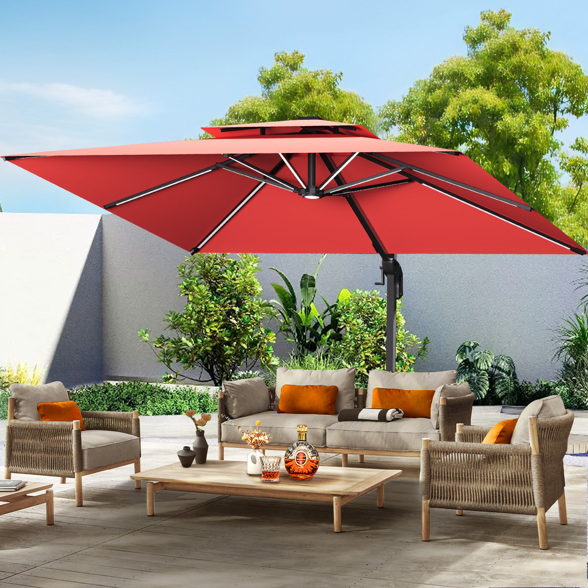 Patioslife Aegis,Cantilever Parasol,LED Strip Lights,Fibreglass Ribs,Powder-Coated Aluminium Pole,Luxury Garden Shade,Patio Umbrella,Outdoor Sunshade,Modern Outdoor Furniture,Weatherproof,UV Protection,Adjustable Angle,Contemporary Design,Premium Outdoor Living,red