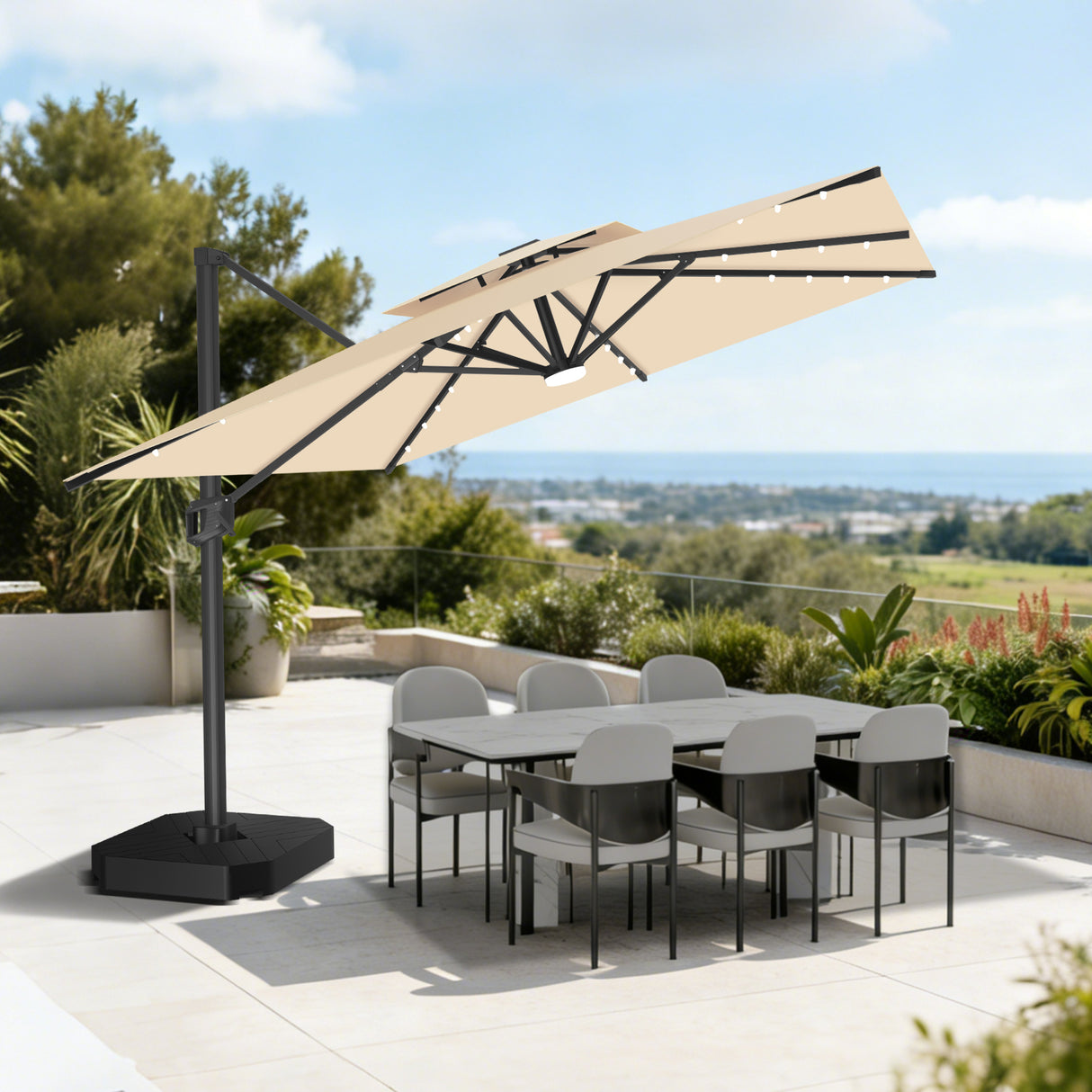 Patioslife Aegis Pro All-weather Cantilever Parasol with LED Lights, Reinforced & Powder-Coated Aluminium Ribs and Pole — Perfect for Garden & Patio