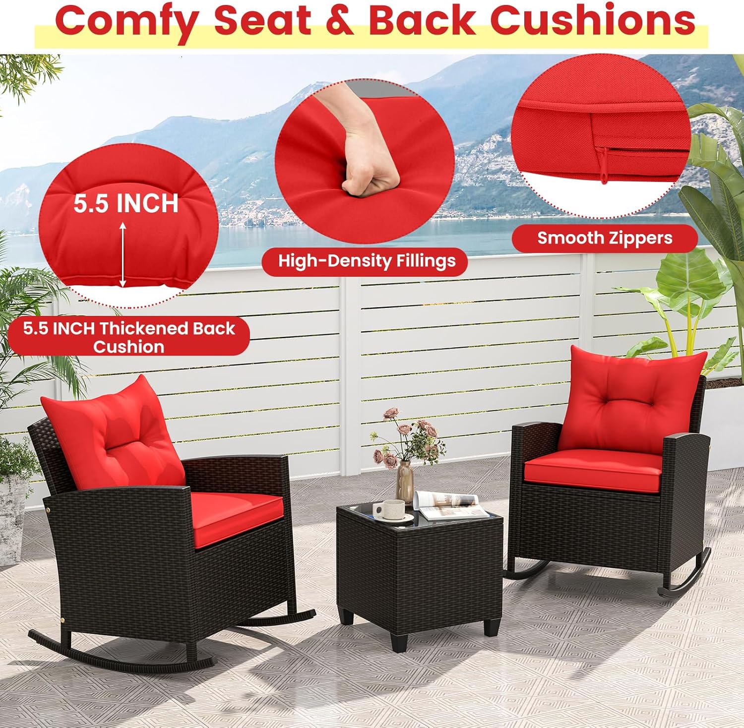 3-Piece Outdoor Wicker Rocking Chair Set – Patio Furniture with Soft Cushions & Glass Coffee Table – Rattan Bistro Set for Porch, Balcony, Garden, or Poolside