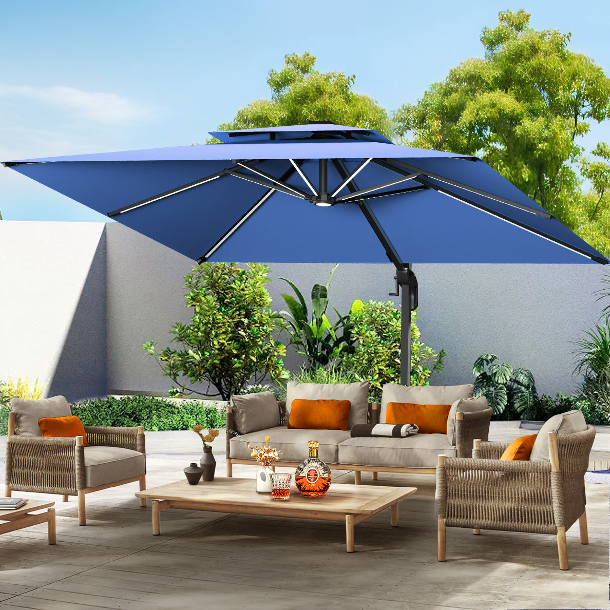 Patioslife Aegis,Cantilever Parasol,LED Strip Lights,Fibreglass Ribs,Powder-Coated Aluminium Pole,Luxury Garden Shade,Patio Umbrella,Outdoor Sunshade,Modern Outdoor Furniture,Weatherproof,UV Protection,Adjustable Angle,Contemporary Design,Premium Outdoor Living,blue