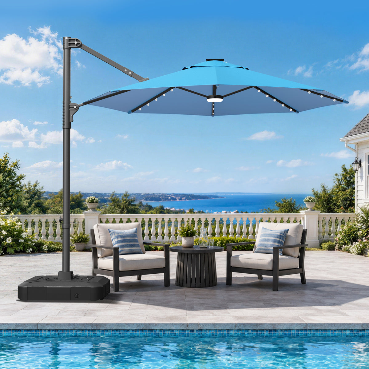Patioslife Aegis Pro Round Cantilever Patio Umbrella with Solar LED Lights & Shade Protection