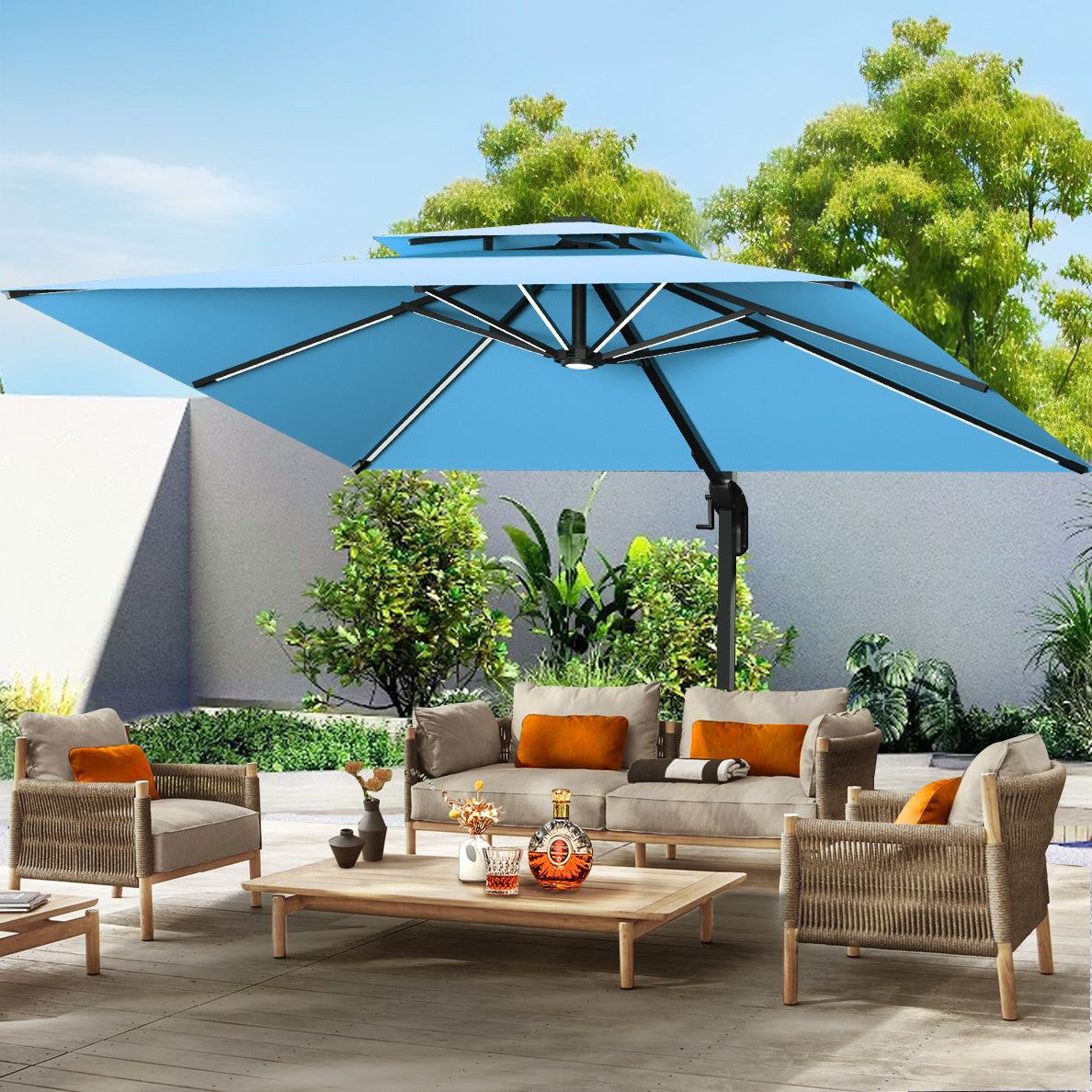Patioslife Aegis,Cantilever Parasol,LED Strip Lights,Fibreglass Ribs,Powder-Coated Aluminium Pole,Luxury Garden Shade,Patio Umbrella,Outdoor Sunshade,Modern Outdoor Furniture,Weatherproof,UV Protection,Adjustable Angle,Contemporary Design,Premium Outdoor Living,sky blue