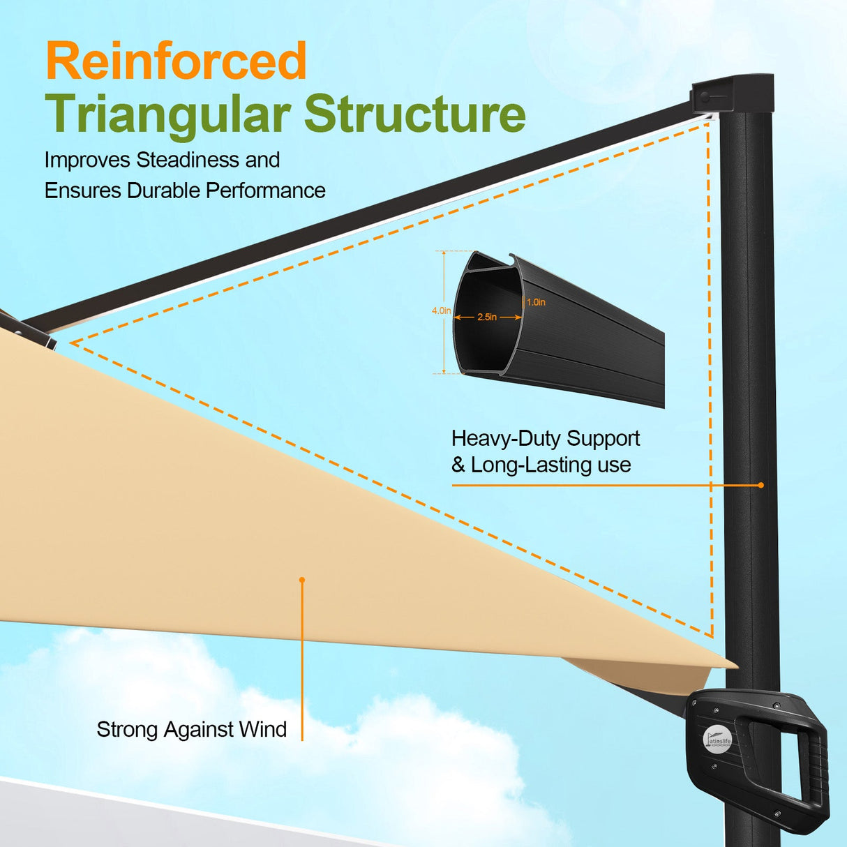 Patioslife Aegis Pro™,Cantilever Parasol,Base Included,Protective Cover,Fibreglass Ribs,Powder-Coated Aluminium Pole,Garden Umbrella,Patio Shade,Outdoor Sunshade,Weatherproof,UV Protection,Adjustable Angle,Modern Outdoor Furniture,Contemporary Design,Luxury Patio Accessory,Premium Outdoor Living
,reinforced triangular structure
