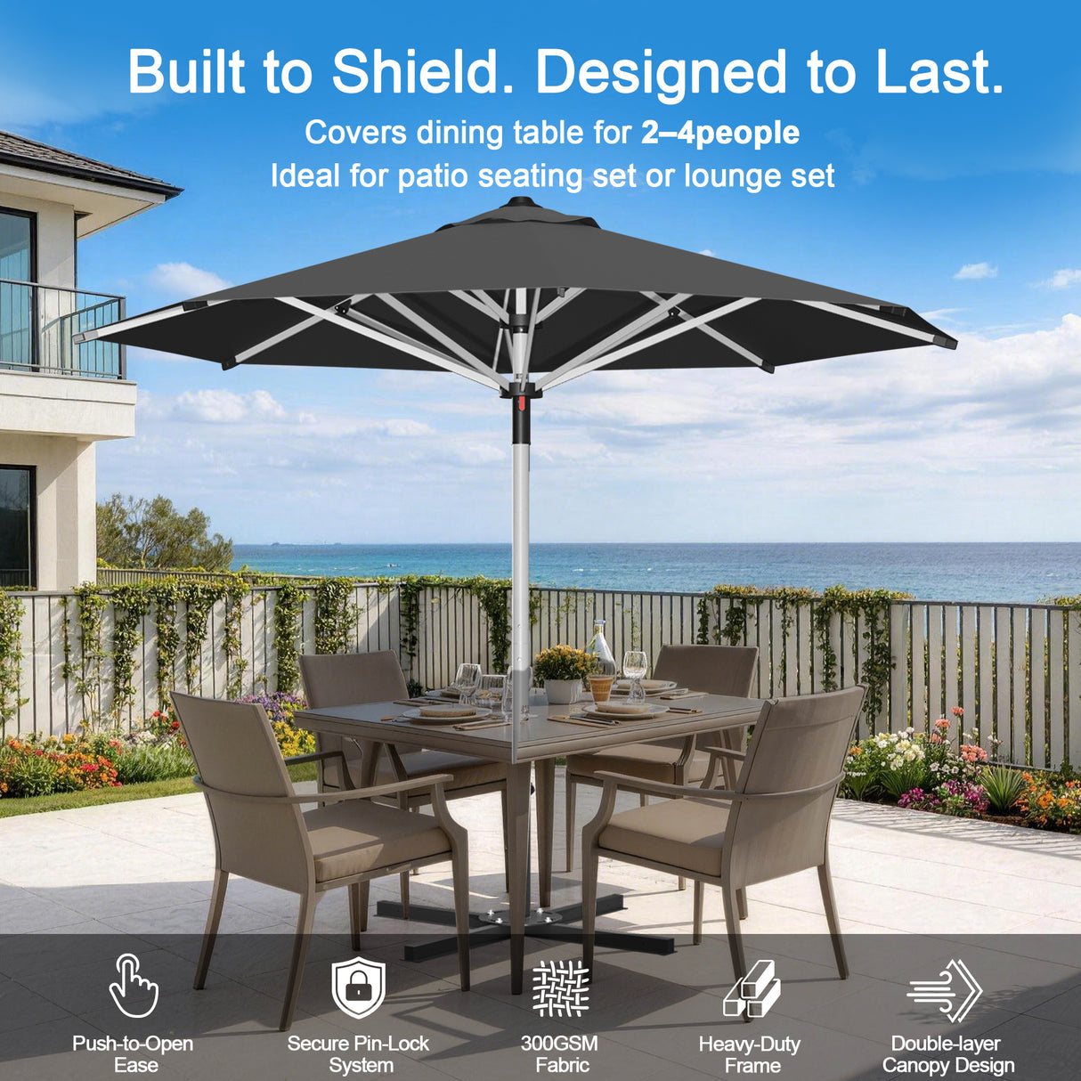 Patioslife Garden Parasol — Square & Round | Heavy-Duty Aluminium Pole, Double Vent Canopy | 2.7m, 3m & 3.35m