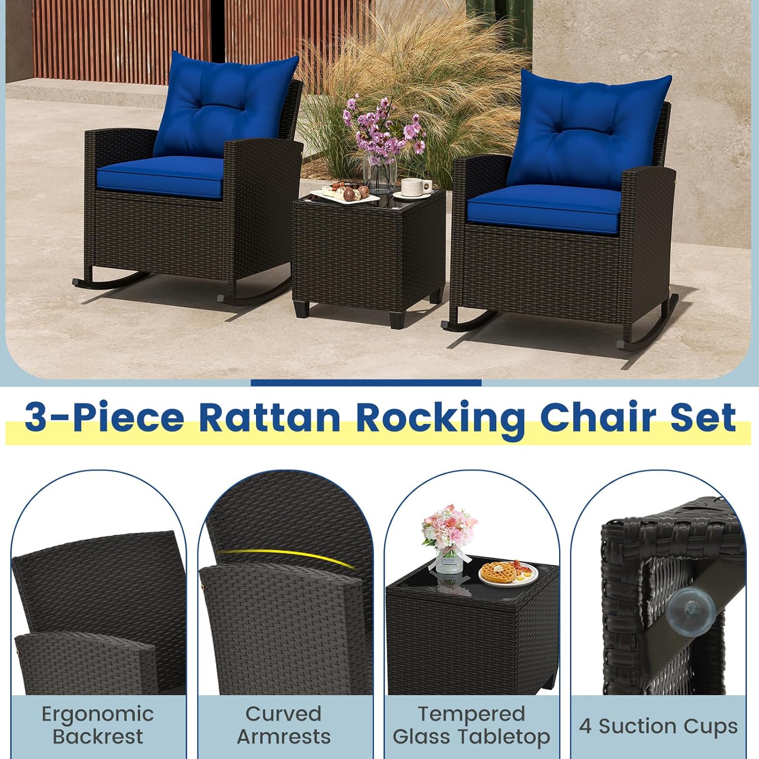 3-Piece Outdoor Wicker Rocking Chair Set – Patio Furniture with Soft Cushions & Glass Coffee Table – Rattan Bistro Set for Porch, Balcony, Garden, or Poolside