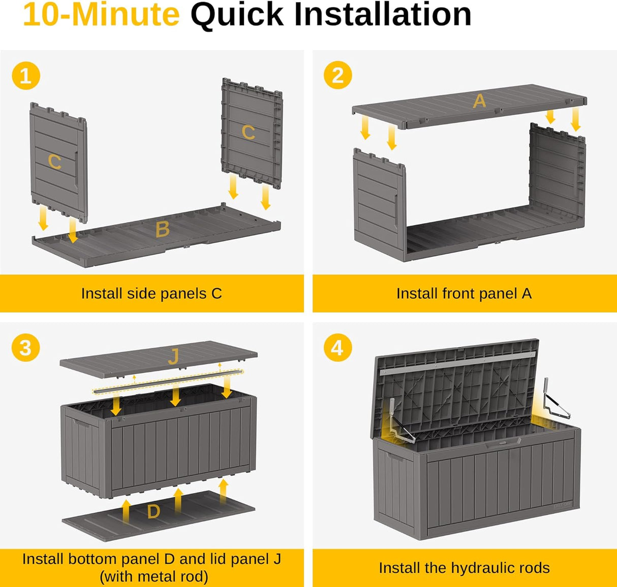 Waterproof Resin Outdoor Storage Box – 60, 90, and 120 Gallon Sizes – Lockable, UV Resistant Deck Storage Bin for Patio Cushions, Gardening Tools, and More – Grey