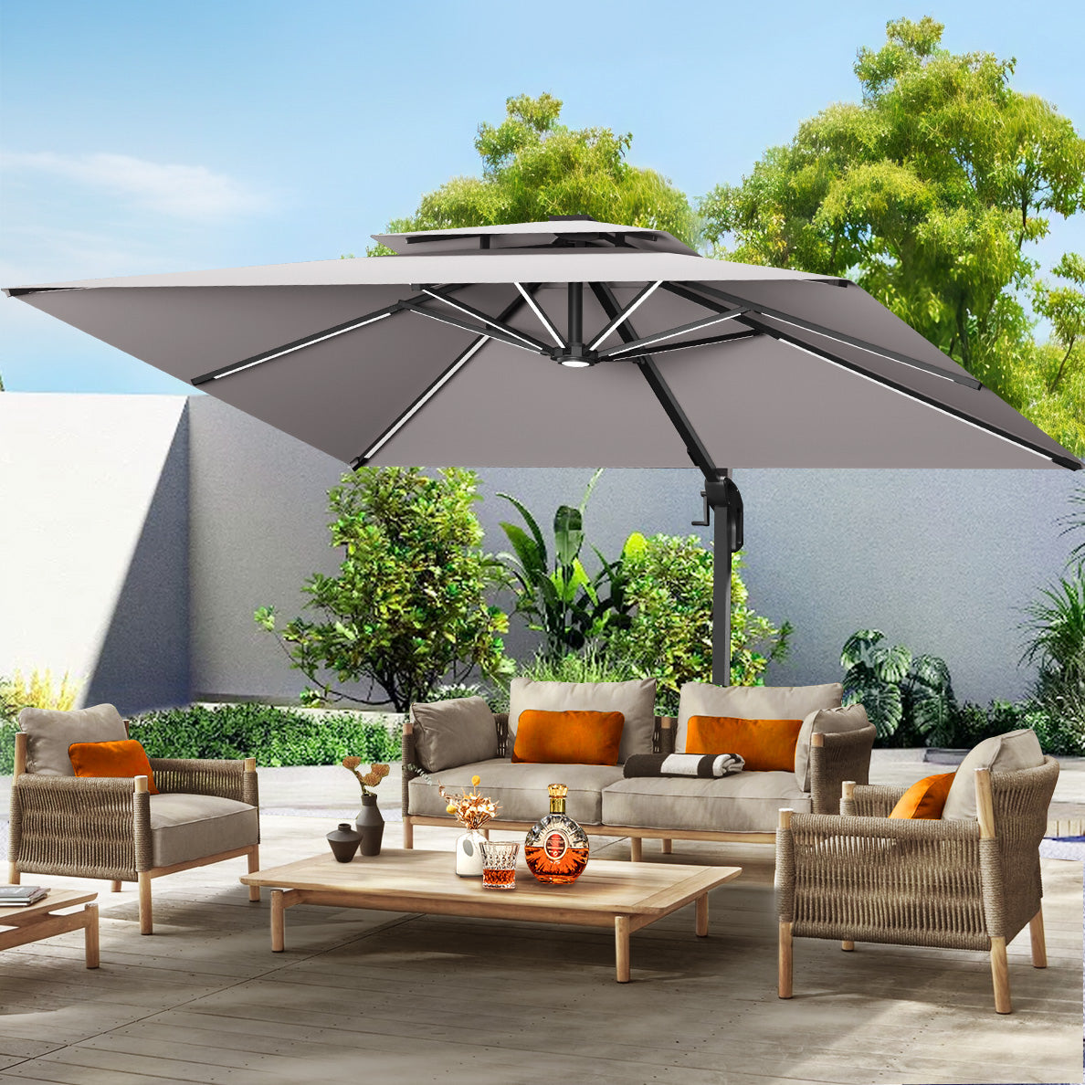 Patioslife Aegis,Cantilever Parasol,LED Strip Lights,Fibreglass Ribs,Powder-Coated Aluminium Pole,Luxury Garden Shade,Patio Umbrella,Outdoor Sunshade,Modern Outdoor Furniture,Weatherproof,UV Protection,Adjustable Angle,Contemporary Design,Premium Outdoor Living
