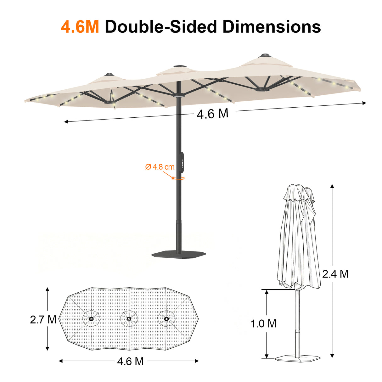 Patioslife Aegis Premium 2.7x4.6m Motorized Garden Parasol — Double-Sided, Remote Control, UPF 50+, Solar LED Lights & Windproof Frame