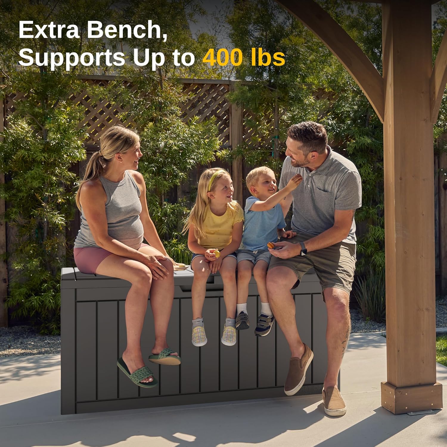 Waterproof Resin Outdoor Storage Box – 60, 90, and 120 Gallon Sizes – Lockable, UV Resistant Deck Storage Bin for Patio Cushions, Gardening Tools, and More – Grey