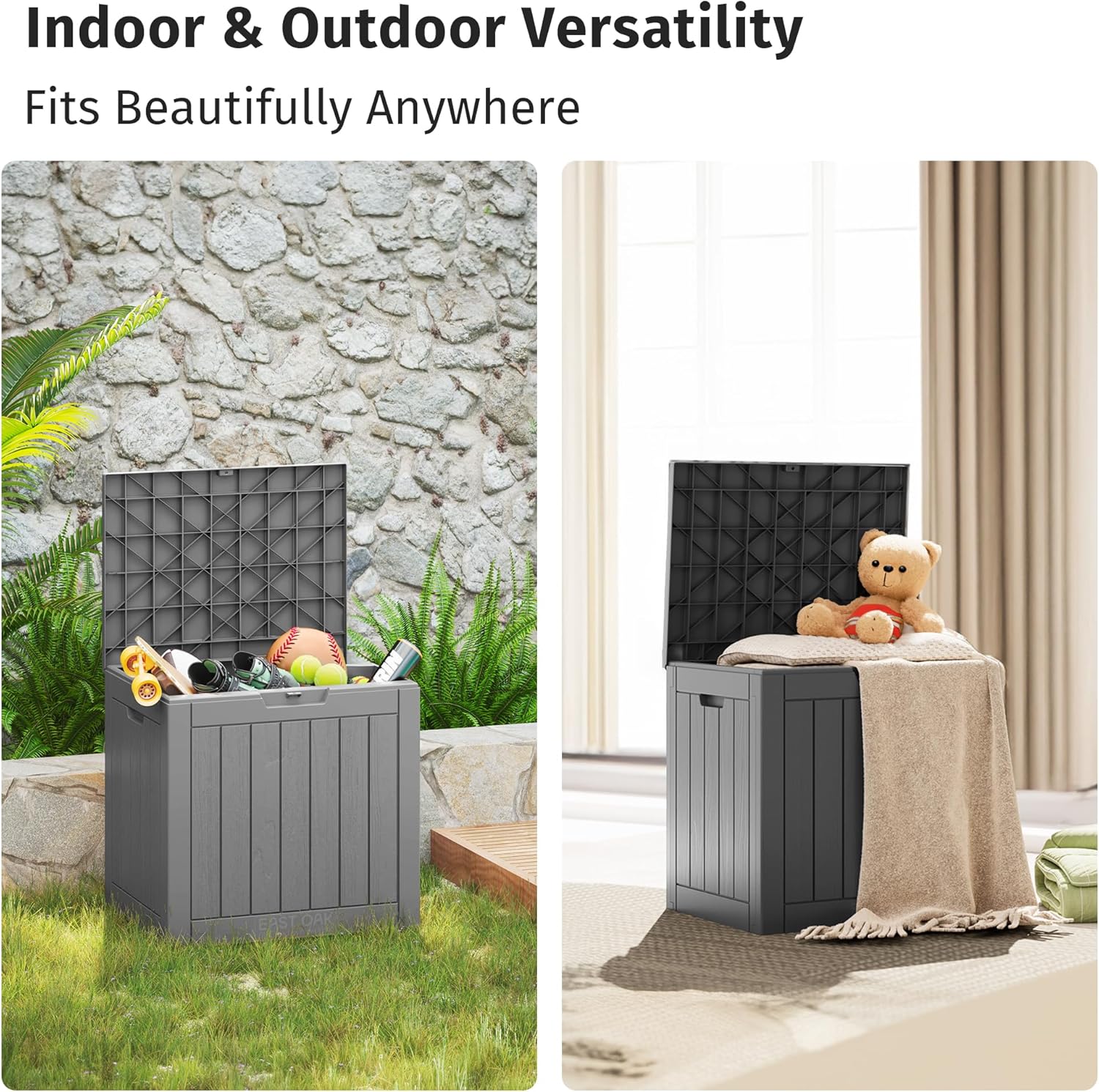 Waterproof Resin Outdoor Storage Box – 60, 90, and 120 Gallon Sizes – Lockable, UV Resistant Deck Storage Bin for Patio Cushions, Gardening Tools, and More – Grey