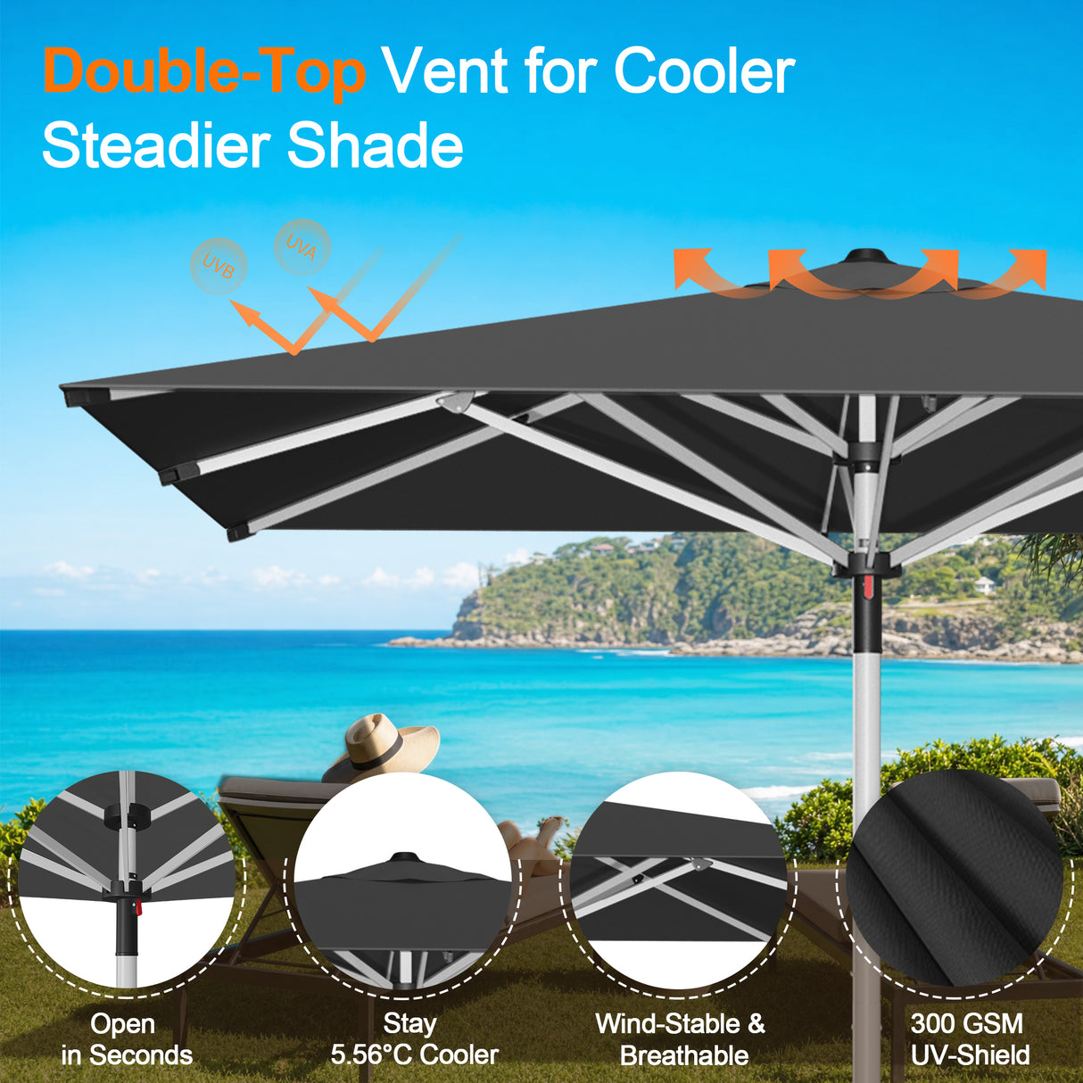Patioslife Garden Parasol — Square & Round | Heavy-Duty Aluminium Pole, Double Vent Canopy | 2.7m, 3m & 3.35m