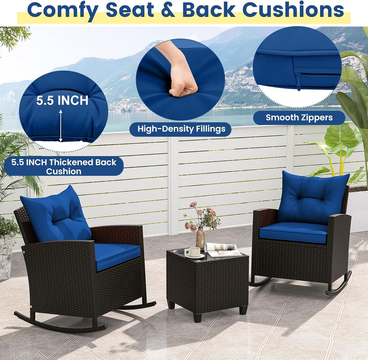 3-Piece Outdoor Wicker Rocking Chair Set – Patio Furniture with Soft Cushions & Glass Coffee Table – Rattan Bistro Set for Porch, Balcony, Garden, or Poolside