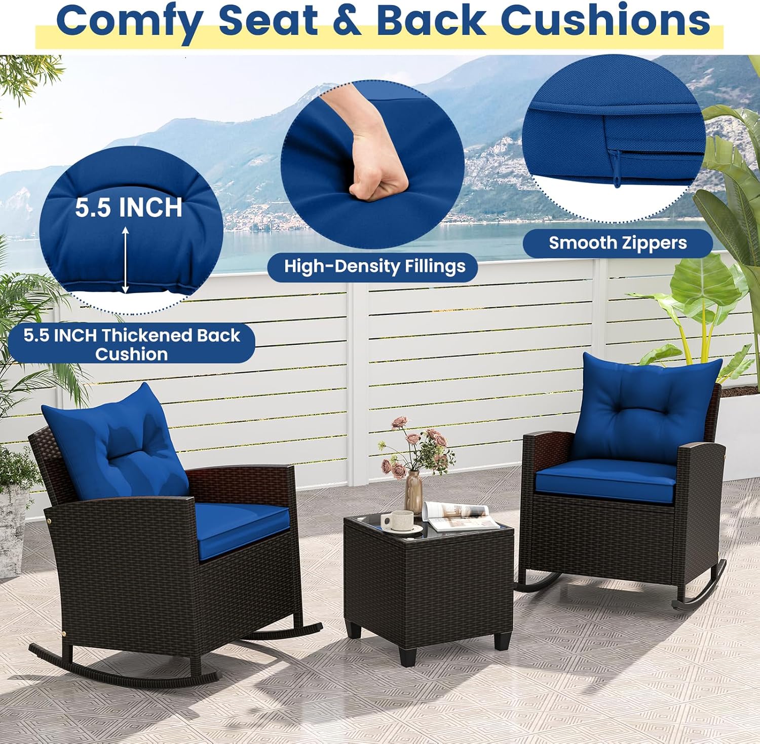 3-Piece Outdoor Wicker Rocking Chair Set – Patio Furniture with Soft Cushions & Glass Coffee Table – Rattan Bistro Set for Porch, Balcony, Garden, or Poolside