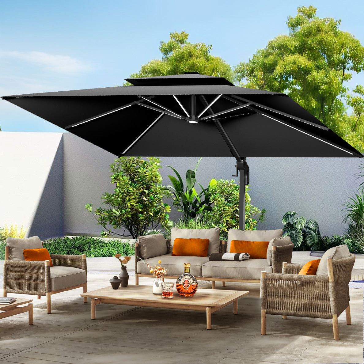 Patioslife Aegis,Cantilever Parasol,LED Strip Lights,Fibreglass Ribs,Powder-Coated Aluminium Pole,Luxury Garden Shade,Patio Umbrella,Outdoor Sunshade,Modern Outdoor Furniture,Weatherproof,UV Protection,Adjustable Angle,Contemporary Design,Premium Outdoor Living,black