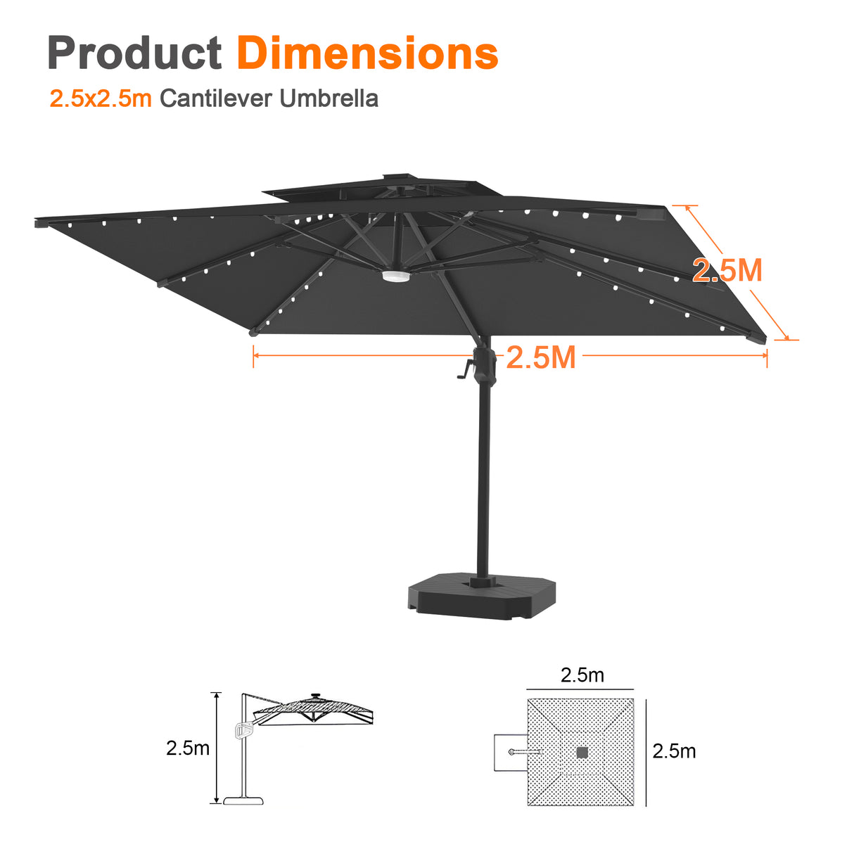 Patioslife Aegis Pro All-weather Cantilever Parasol with LED Lights, Reinforced & Powder-Coated Aluminium Ribs and Pole — Perfect for Garden & Patio