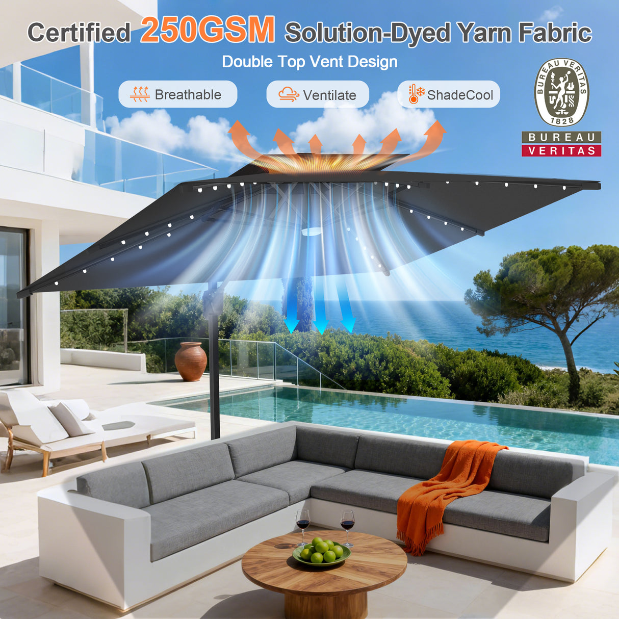 Patioslife Aegis Pro All-weather Cantilever Parasol with LED Lights, Reinforced & Powder-Coated Aluminium Ribs and Pole — Perfect for Garden & Patio