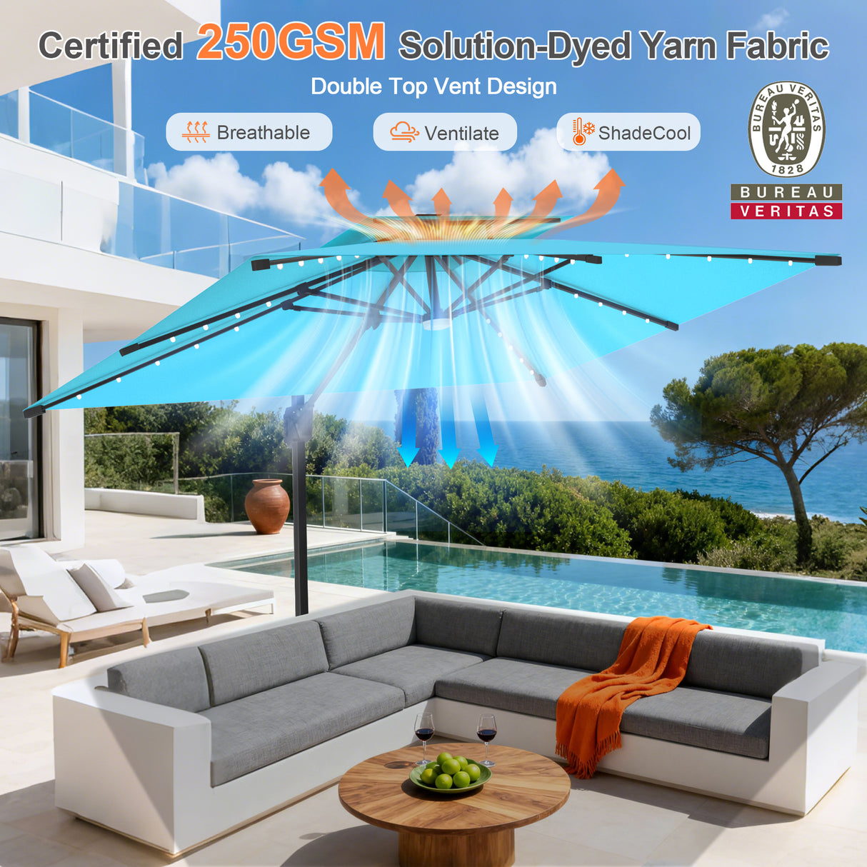 Patioslife Aegis Pro All-weather Cantilever Parasol with LED Lights, Reinforced & Powder-Coated Aluminium Ribs and Pole — Perfect for Garden & Patio