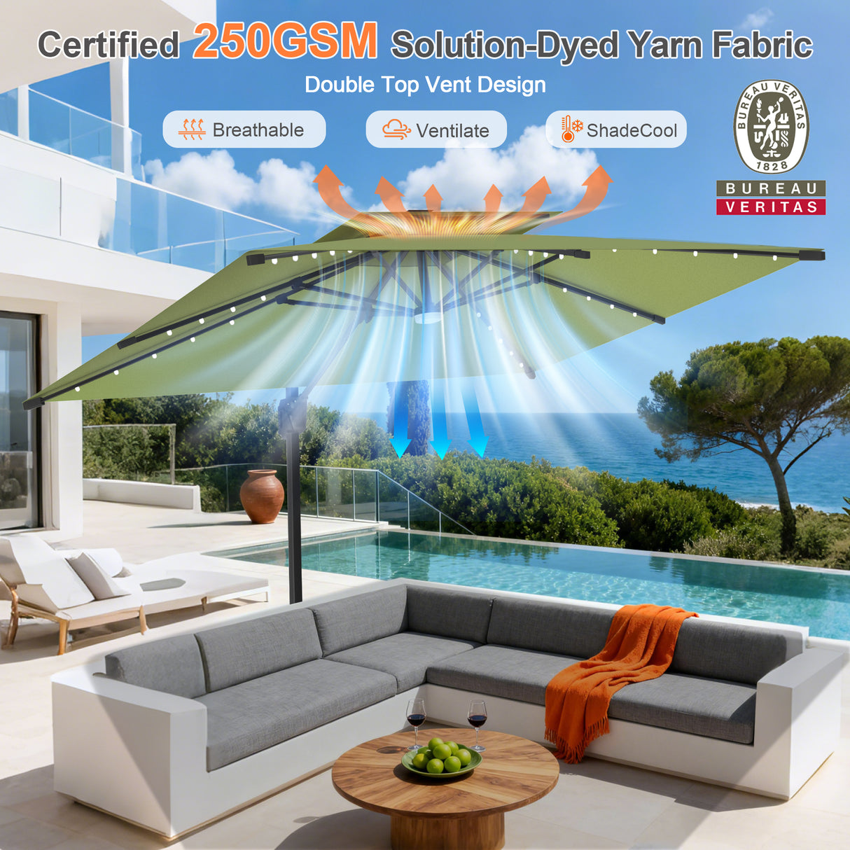 Patioslife Aegis Pro All-weather Cantilever Parasol with LED Lights, Reinforced & Powder-Coated Aluminium Ribs and Pole — Perfect for Garden & Patio