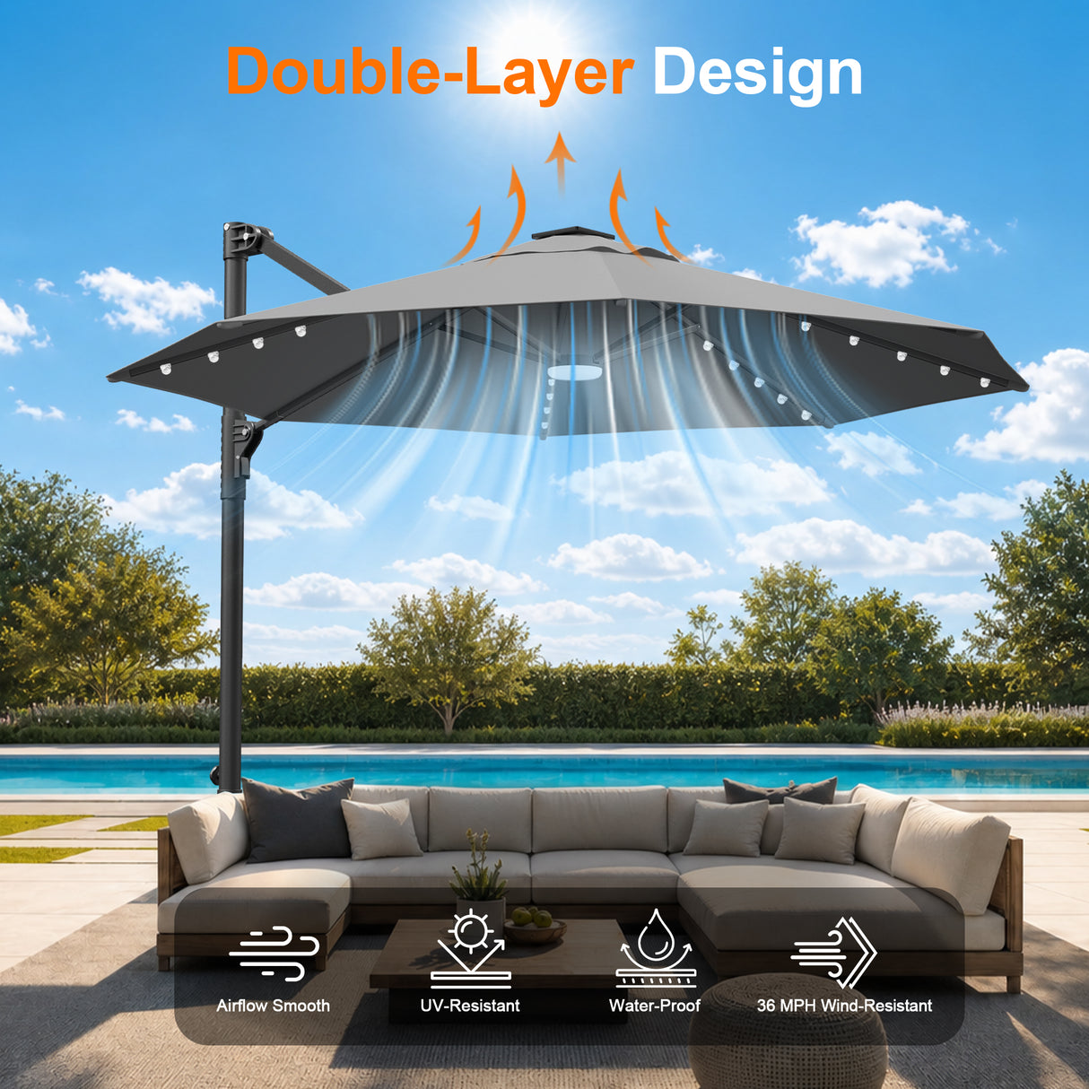 Patioslife Aegis Pro Round Cantilever Patio Umbrella with Solar LED Lights & Shade Protection