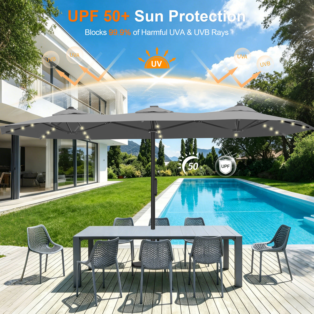 Patioslife Aegis Premium 2.7x4.6m Motorized Garden Parasol — Double-Sided, Remote Control, UPF 50+, Solar LED Lights & Windproof Frame