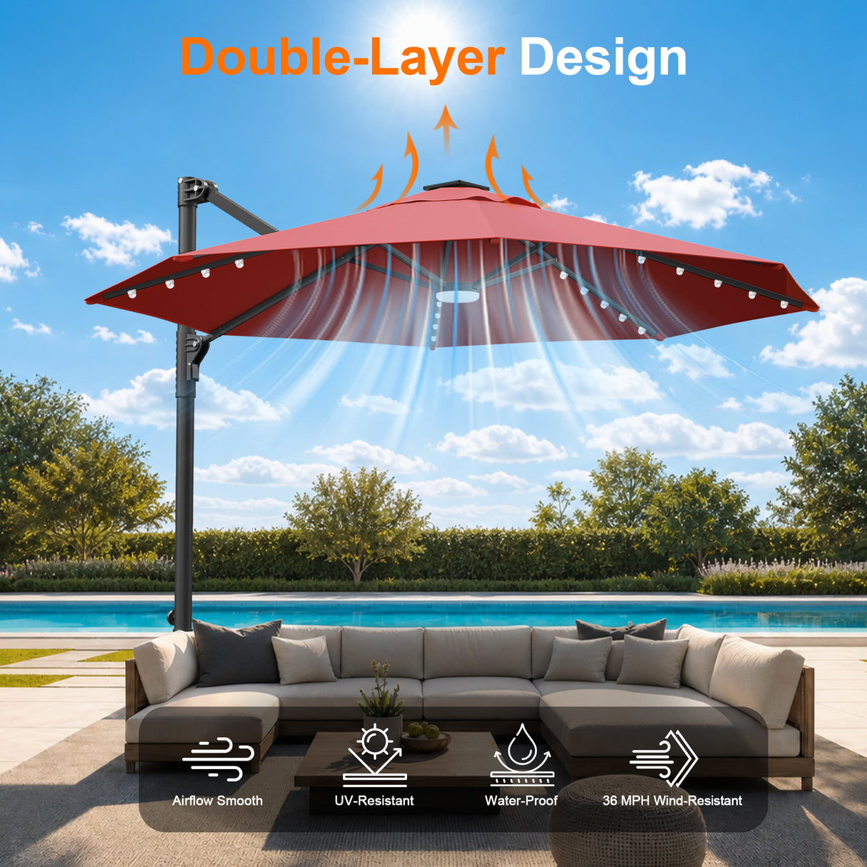 Patioslife Aegis Pro Round Cantilever Patio Umbrella with Solar LED Lights & Shade Protection