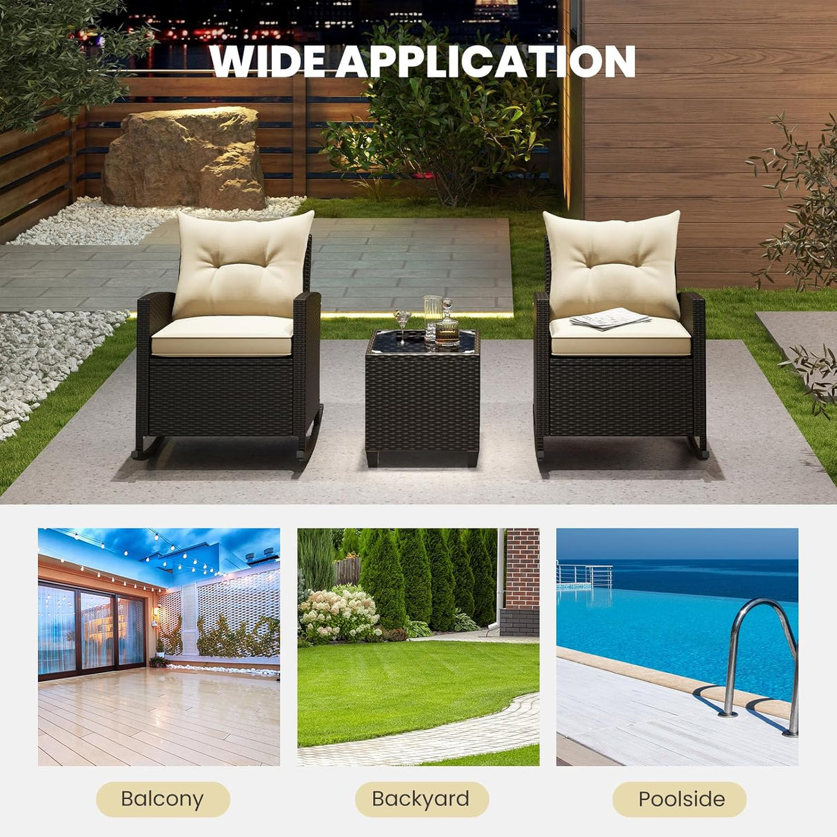 3-Piece Outdoor Wicker Rocking Chair Set – Patio Furniture with Soft Cushions & Glass Coffee Table – Rattan Bistro Set for Porch, Balcony, Garden, or Poolside