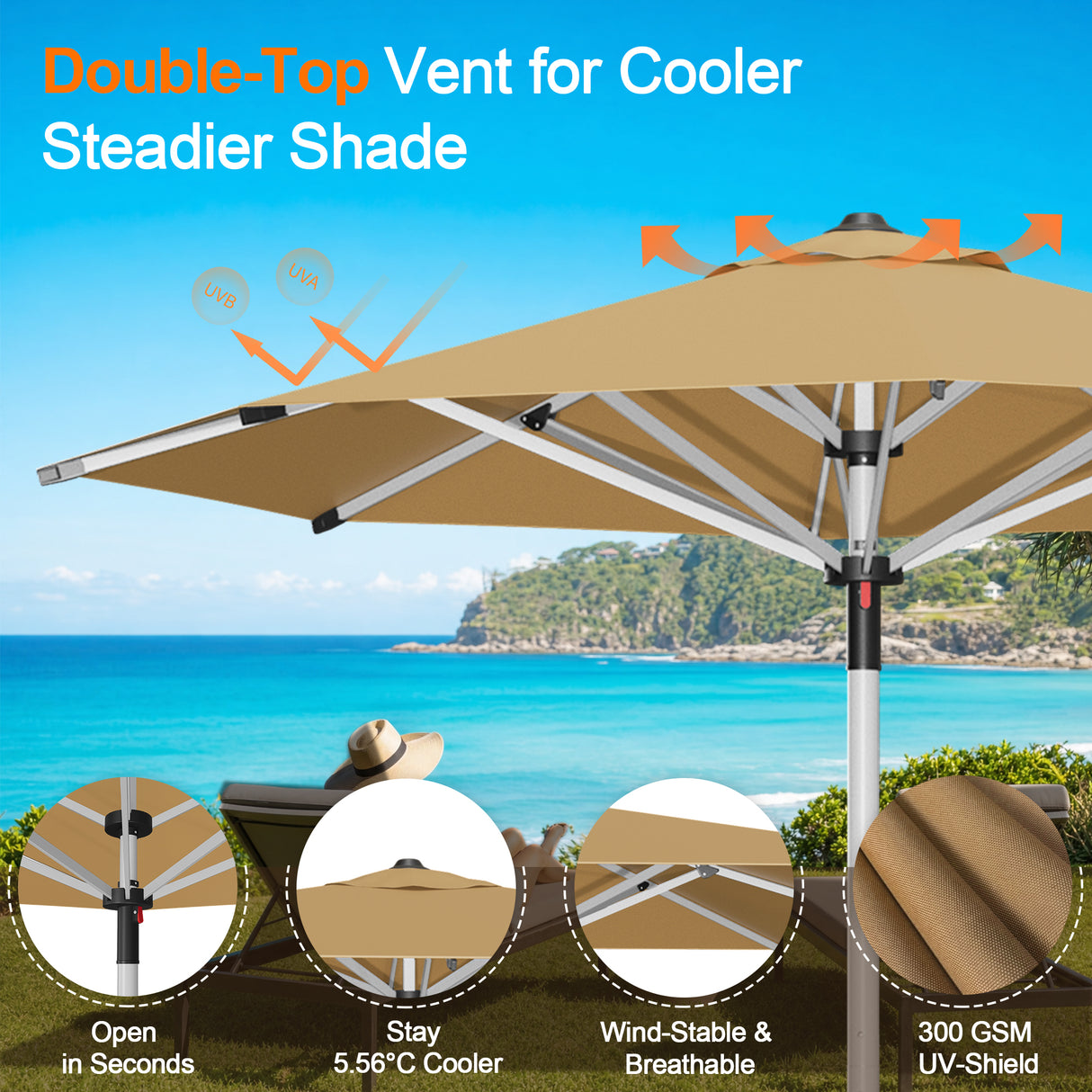 Patioslife Garden Parasol — Square & Round | Heavy-Duty Aluminium Pole, Double Vent Canopy | 2.7m, 3m & 3.35m