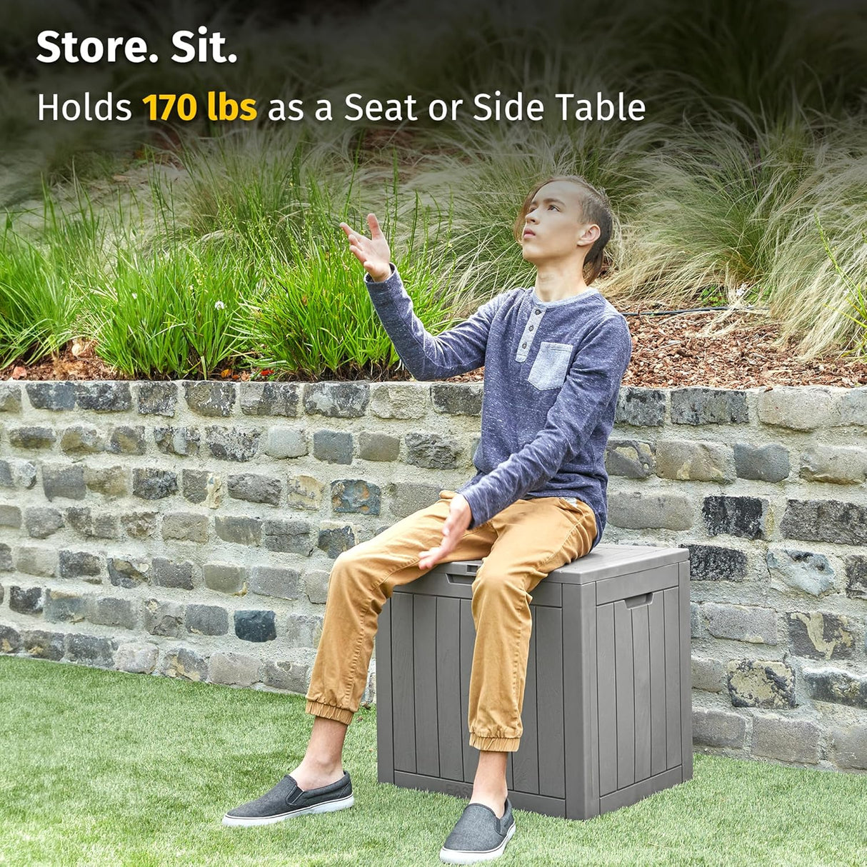 Waterproof Resin Outdoor Storage Box – 60, 90, and 120 Gallon Sizes – Lockable, UV Resistant Deck Storage Bin for Patio Cushions, Gardening Tools, and More – Grey