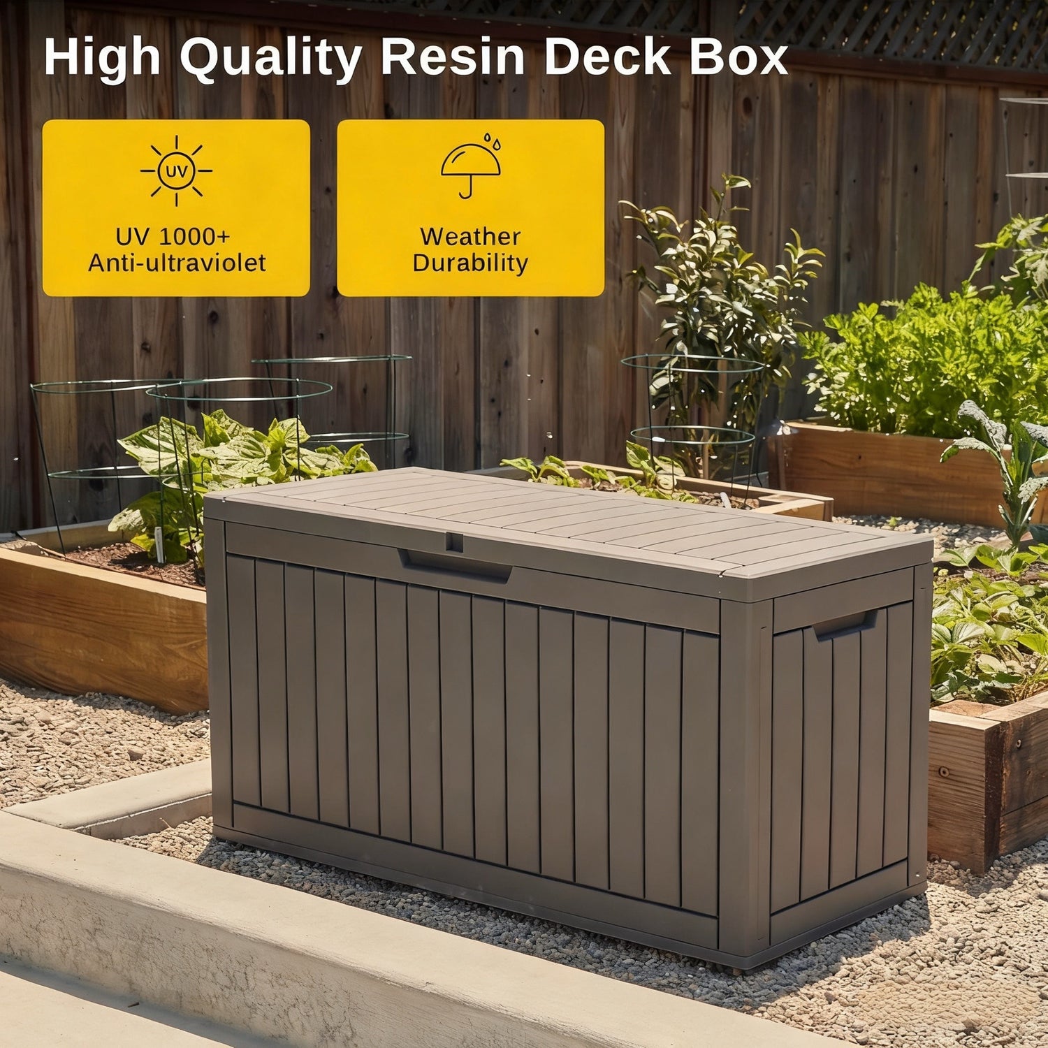 Waterproof Resin Outdoor Storage Box – 60, 90, and 120 Gallon Sizes – Lockable, UV Resistant Deck Storage Bin for Patio Cushions, Gardening Tools, and More – Grey