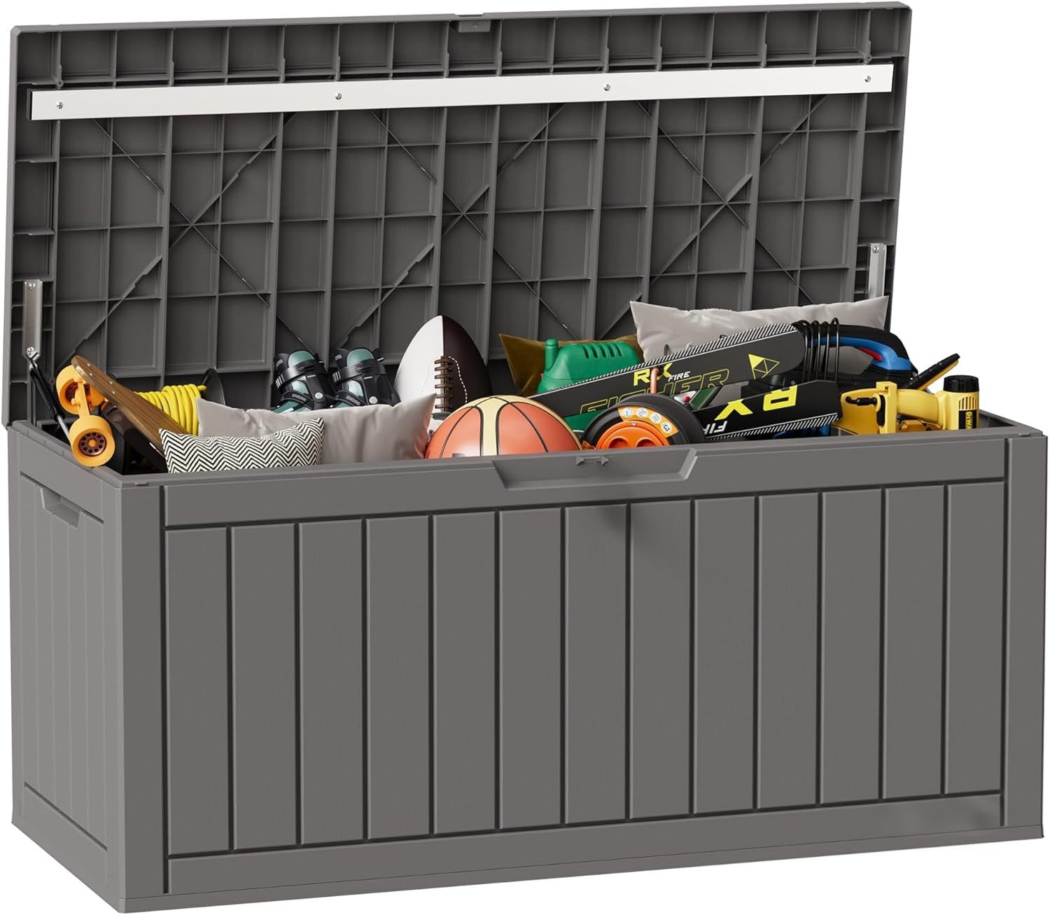 Waterproof Resin Outdoor Storage Box – 60, 90, and 120 Gallon Sizes – Lockable, UV Resistant Deck Storage Bin for Patio Cushions, Gardening Tools, and More – Grey