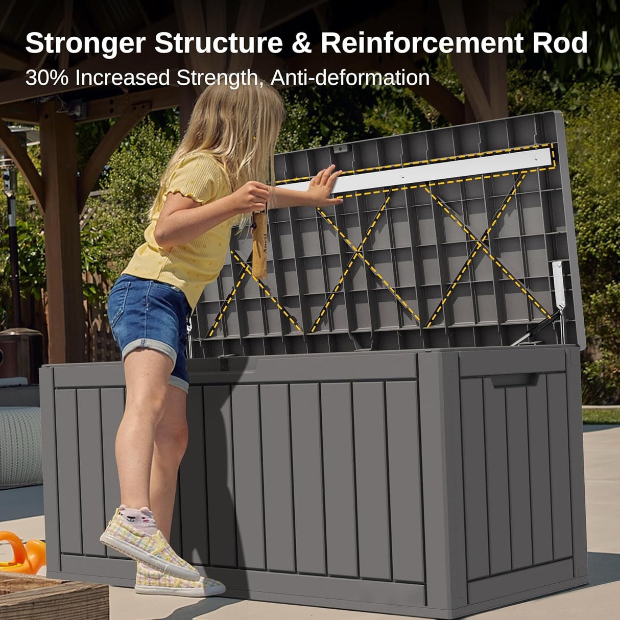 Waterproof Resin Outdoor Storage Box – 60, 90, and 120 Gallon Sizes – Lockable, UV Resistant Deck Storage Bin for Patio Cushions, Gardening Tools, and More – Grey