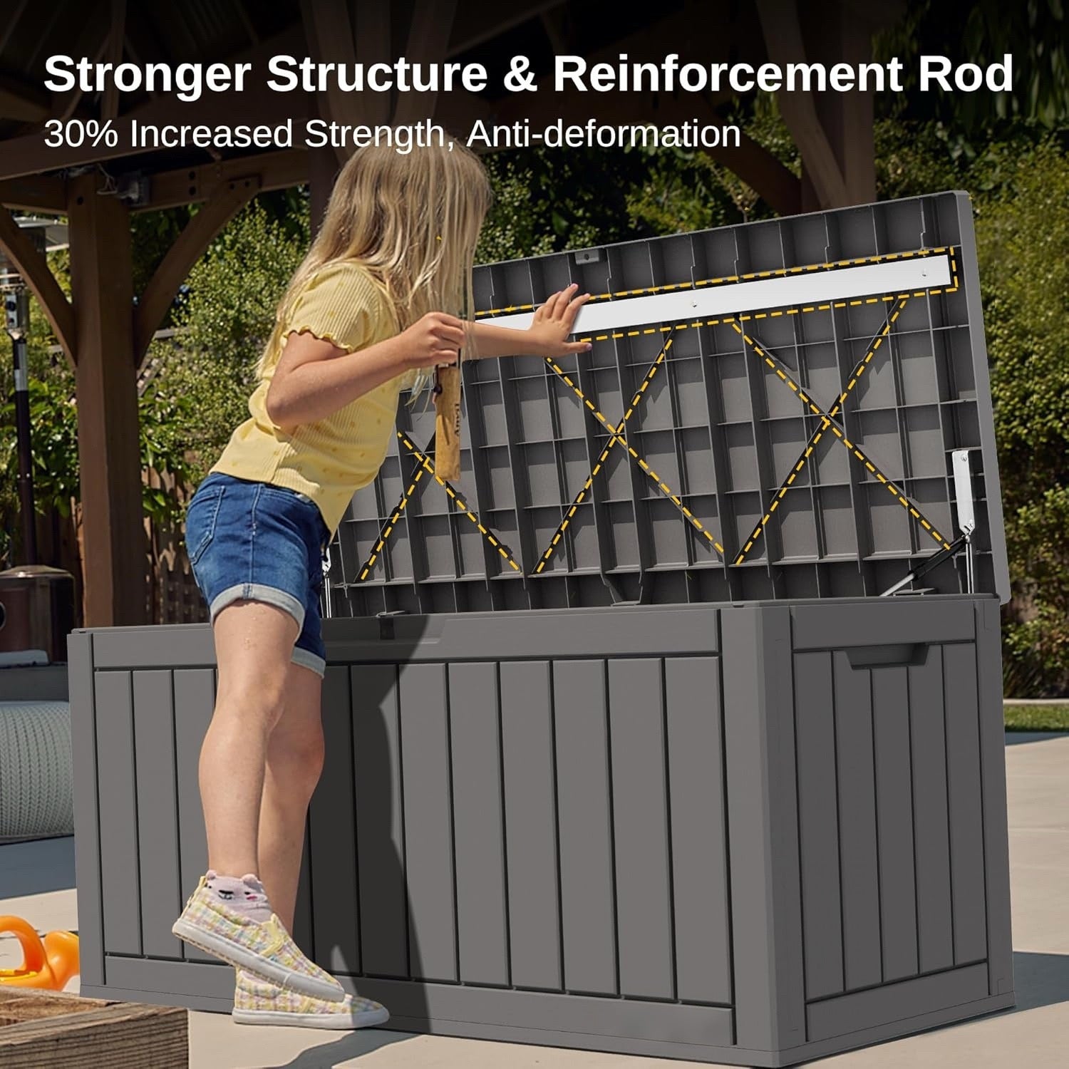 Waterproof Resin Outdoor Storage Box – 60, 90, and 120 Gallon Sizes – Lockable, UV Resistant Deck Storage Bin for Patio Cushions, Gardening Tools, and More – Grey