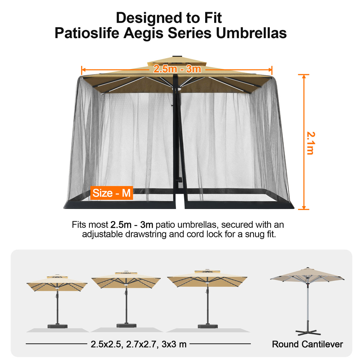 Patioslife Cantilever Umbrella Mosquito Net – Zip-Entry Mesh Screen with Weighted Base, Fits 2.5–4m Umbrellas